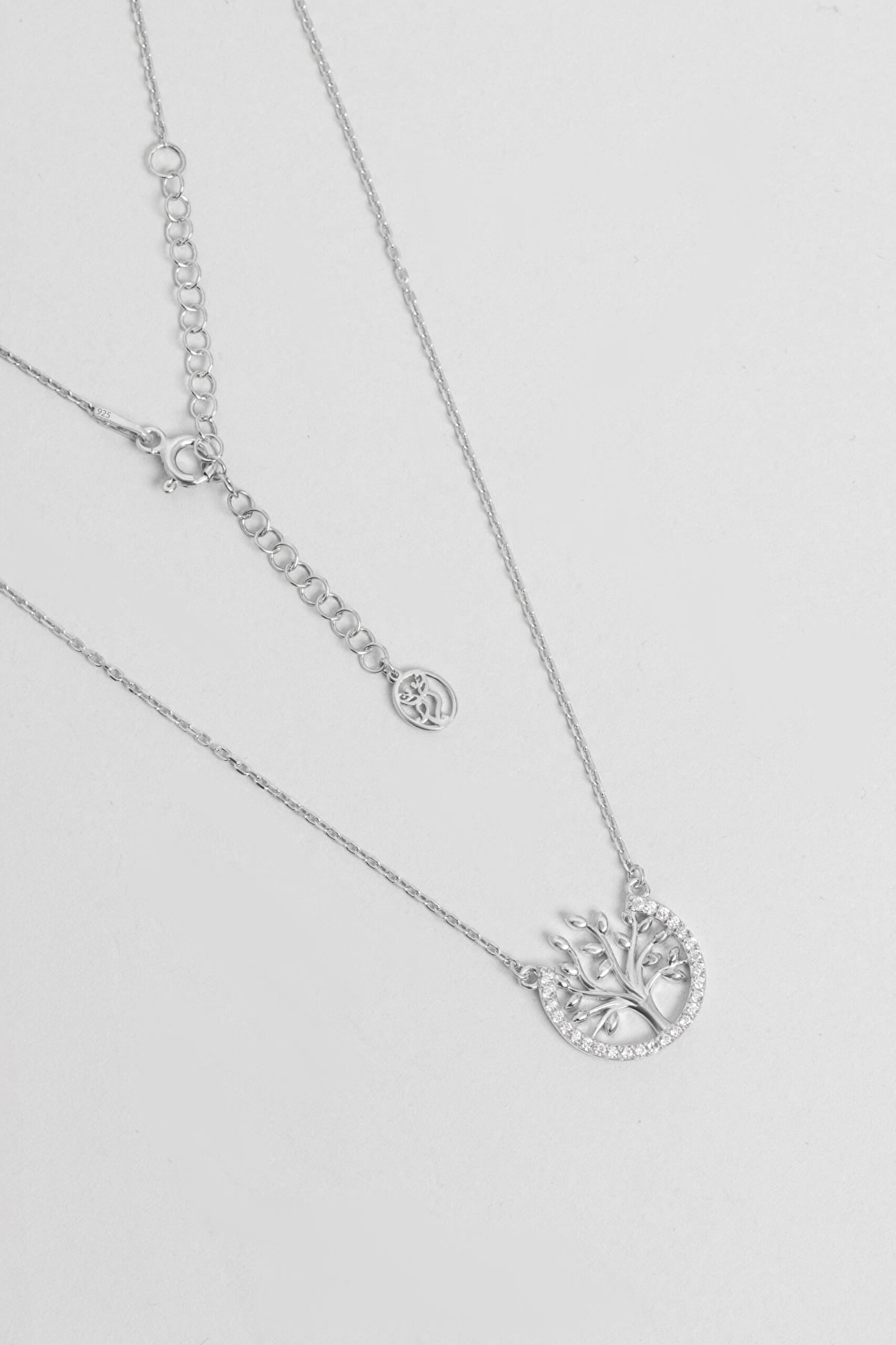 ⁠ Hayat Ağacı Figürlü 18 Ayar Beyaz Altın Kaplama Taşlı 45 Cm Gümüş Kolye_0}