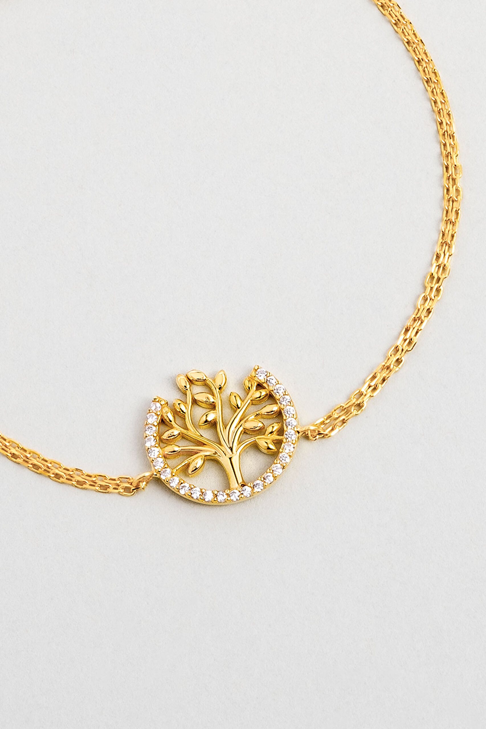 ⁠ Hayat Ağacı 18 Ayar Sarı Altın Kaplama Taşlı Gümüş Bileklik_4}