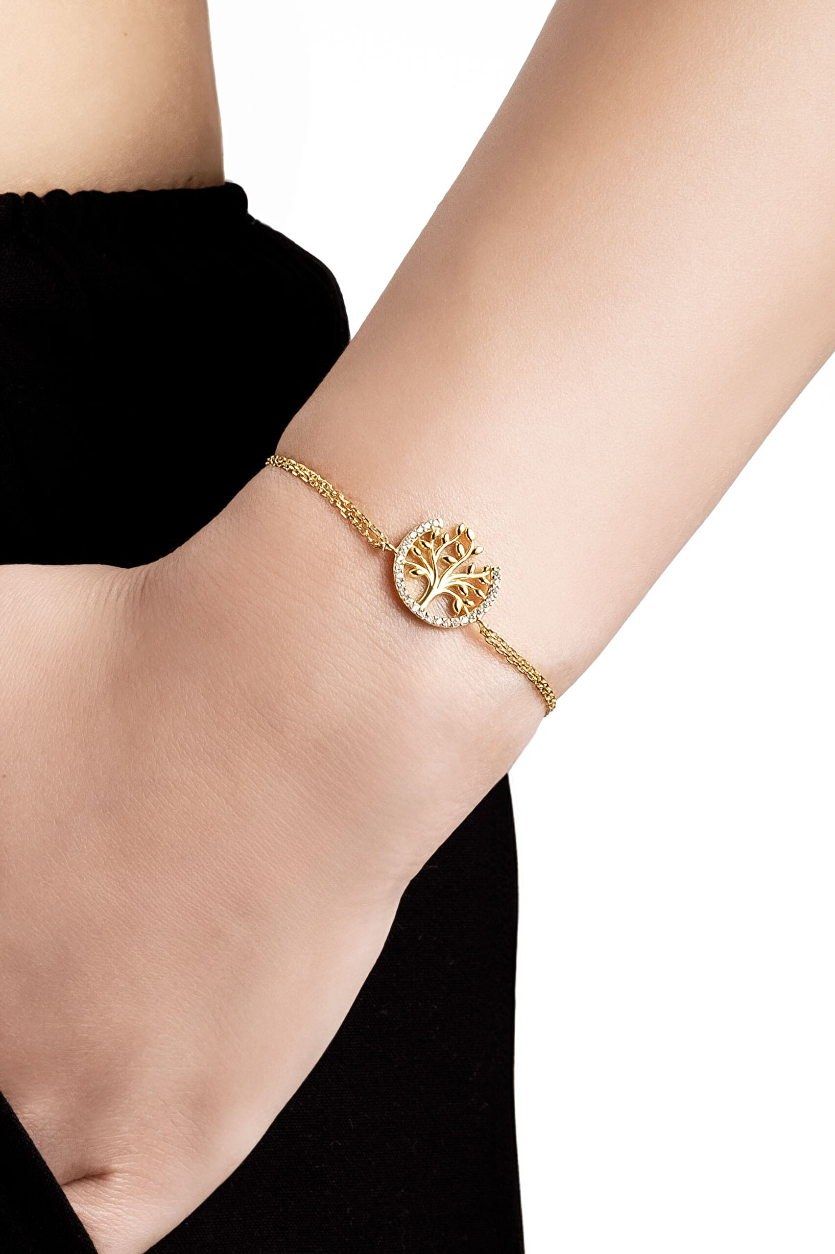 ⁠ Hayat Ağacı 18 Ayar Sarı Altın Kaplama Taşlı Gümüş Bileklik_1}