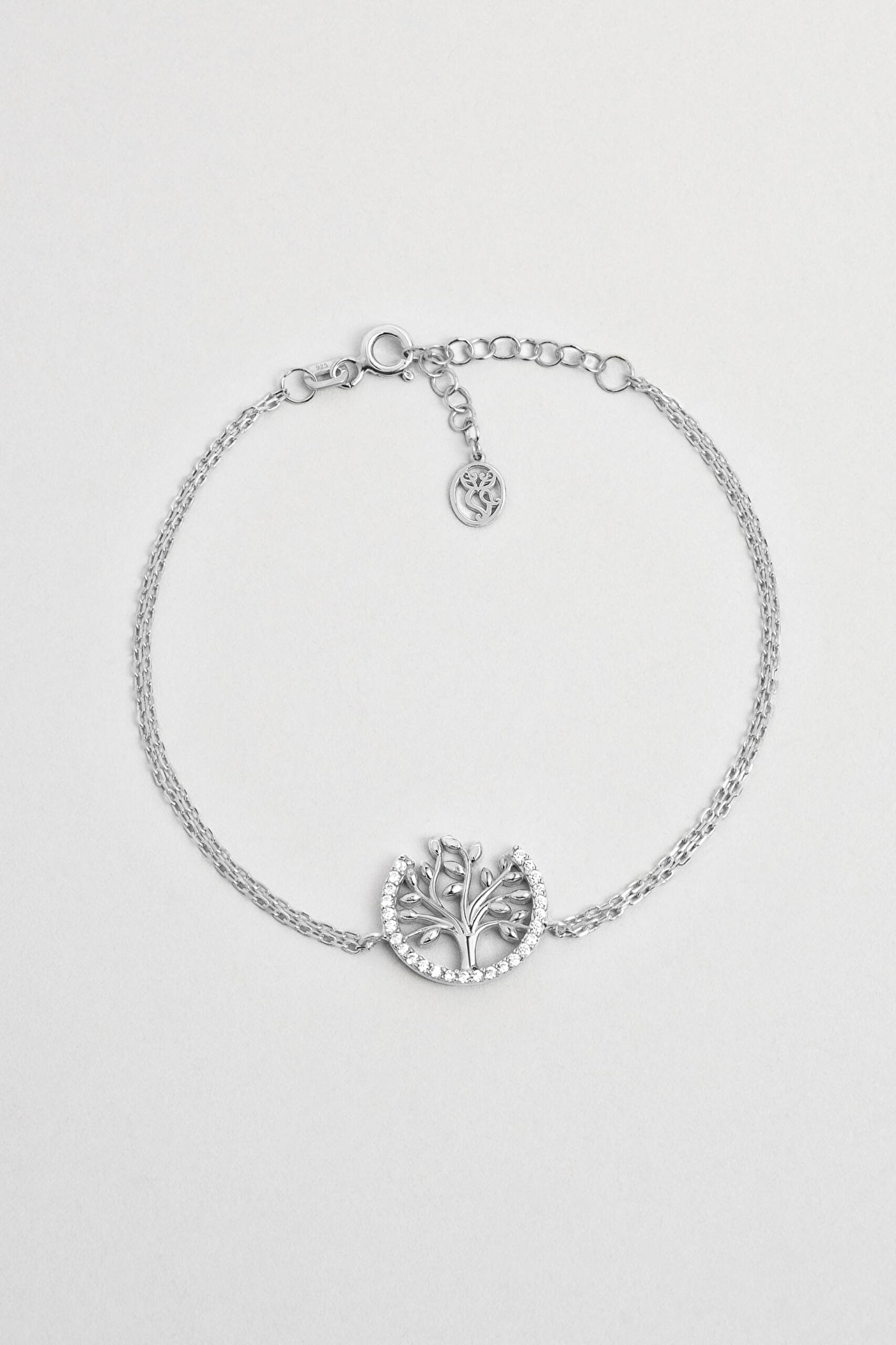 ⁠ Hayat Ağacı 18 Ayar Beyaz Altın Kaplama Taşlı 19 Cm Gümüş Bileklik_0}