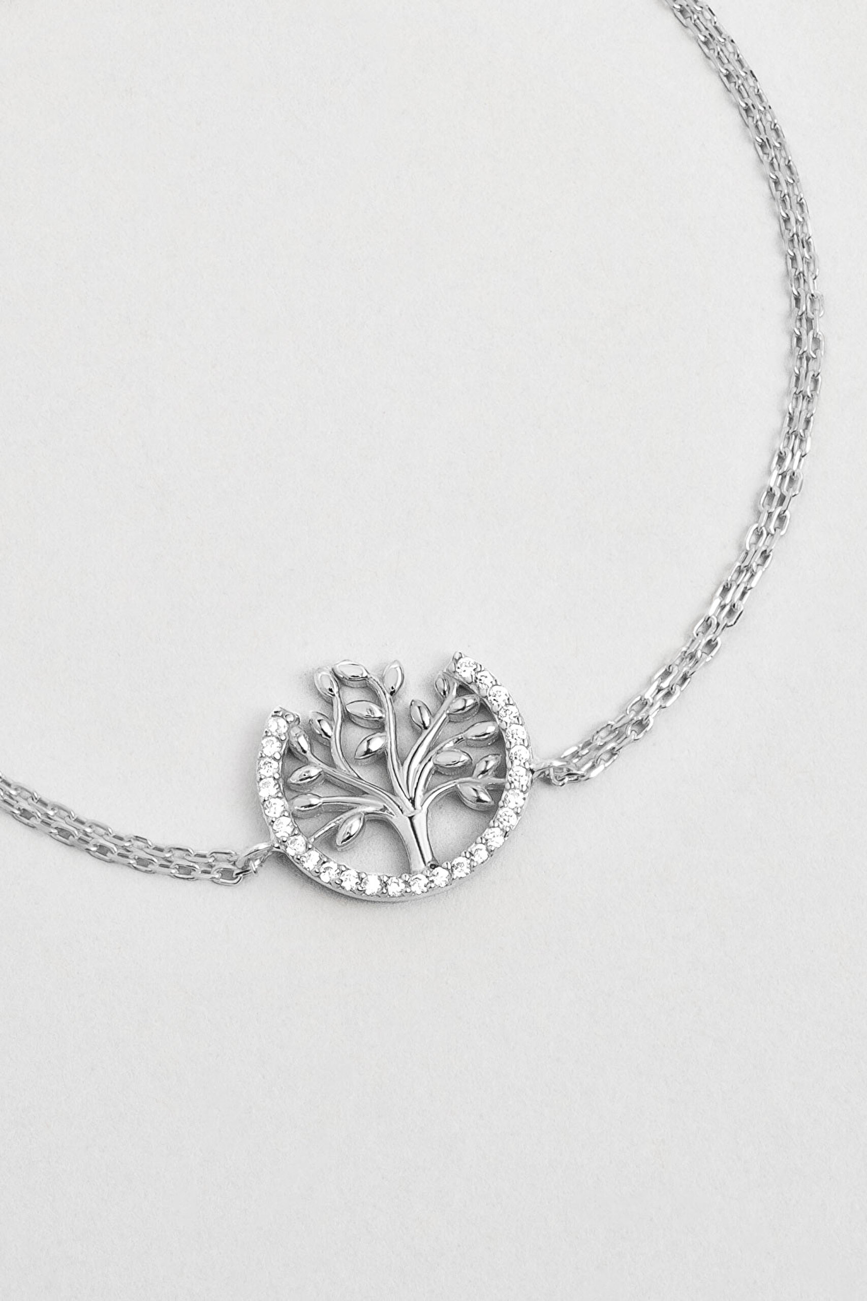 ⁠ Hayat Ağacı 18 Ayar Beyaz Altın Kaplama Taşlı 19 Cm Gümüş Bileklik_4}