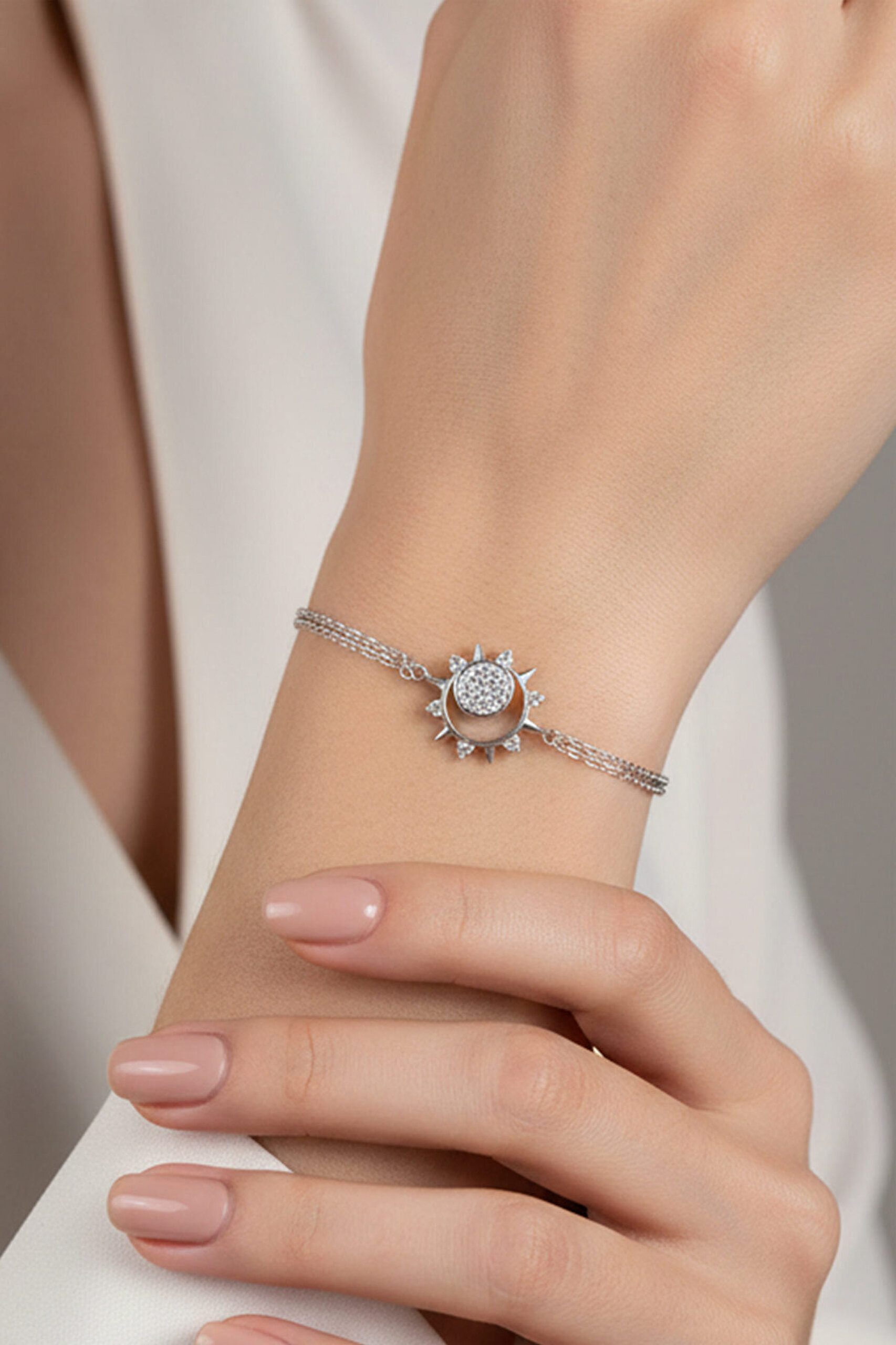 Gün Batımı 18 Ayar Beyaz Altın Kaplama Gümüş 19 Cm Minimal Bileklik - 1