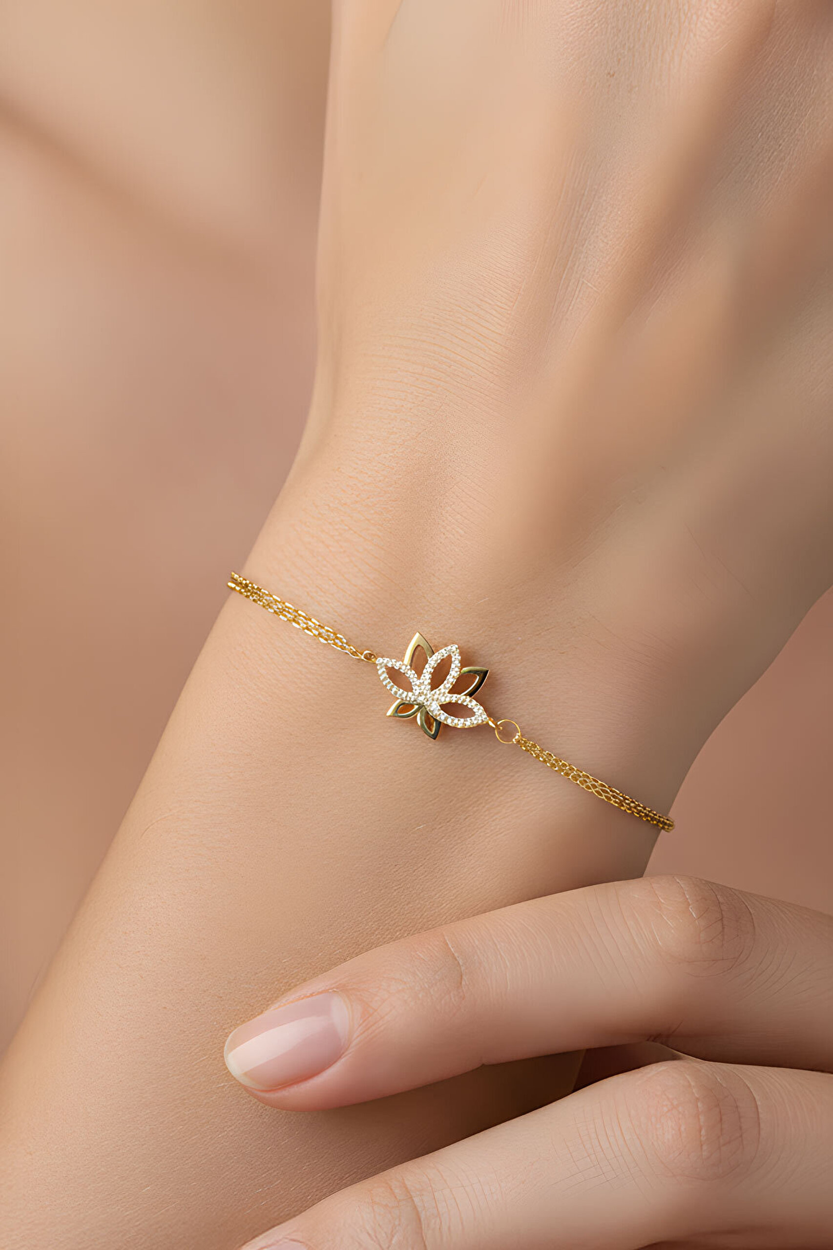 Nilüfer Çiçeği 18 Ayar Sarı Altın Kaplama 20 Cm Gümüş Minimal Bileklik - 3
