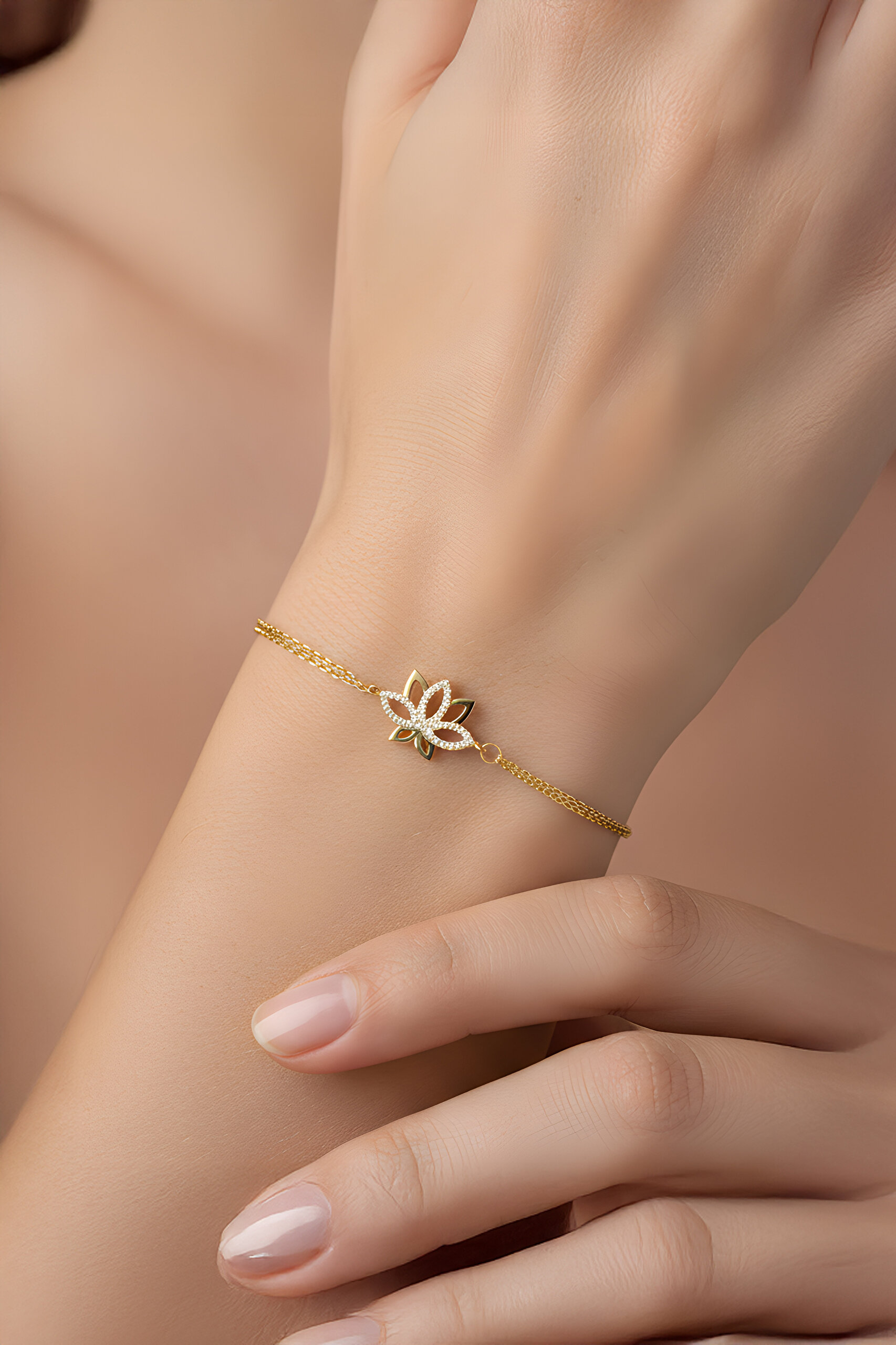 Nilüfer Çiçeği 18 Ayar Sarı Altın Kaplama 20 Cm Gümüş Minimal Bileklik - 1