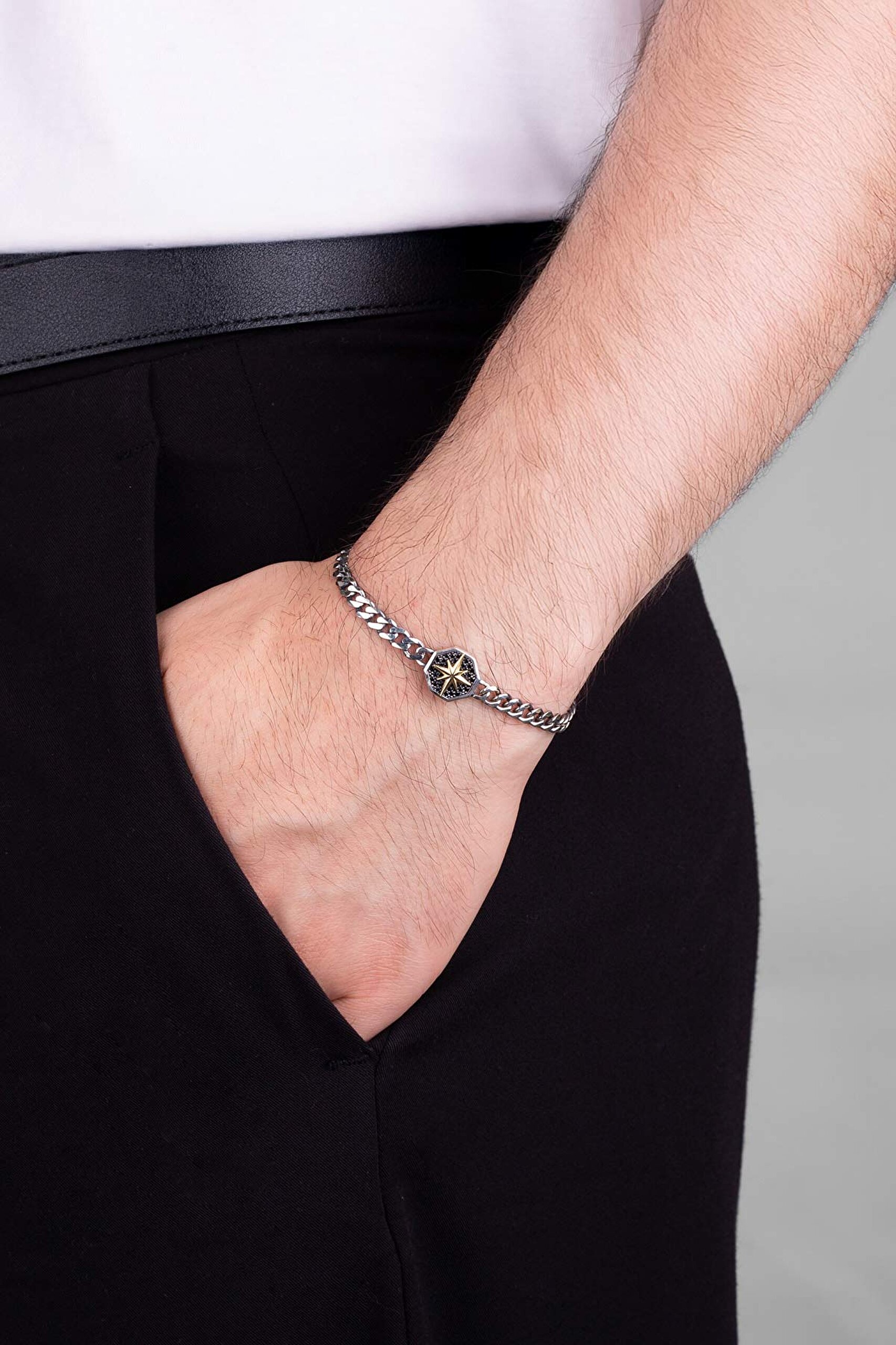 ⁠ Kuzey Yıldızı Gümüş Erkek Zincir Bileklik_3}