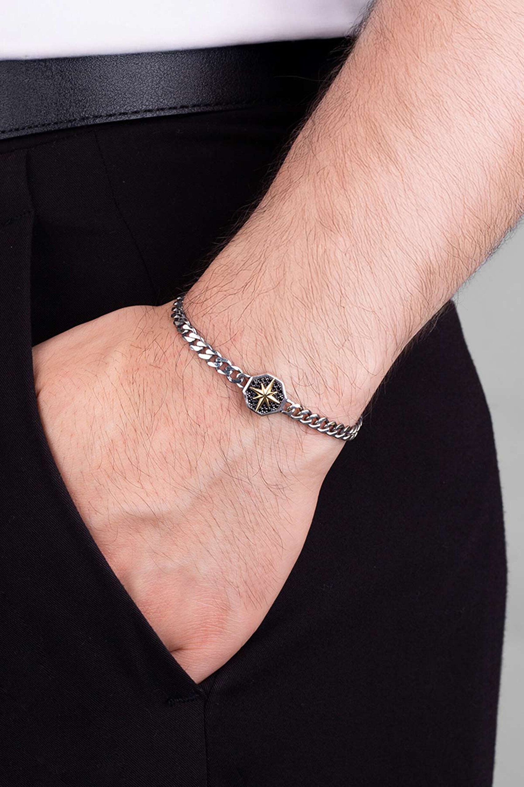 ⁠ Kuzey Yıldızı Gümüş Erkek Zincir Bileklik_1}