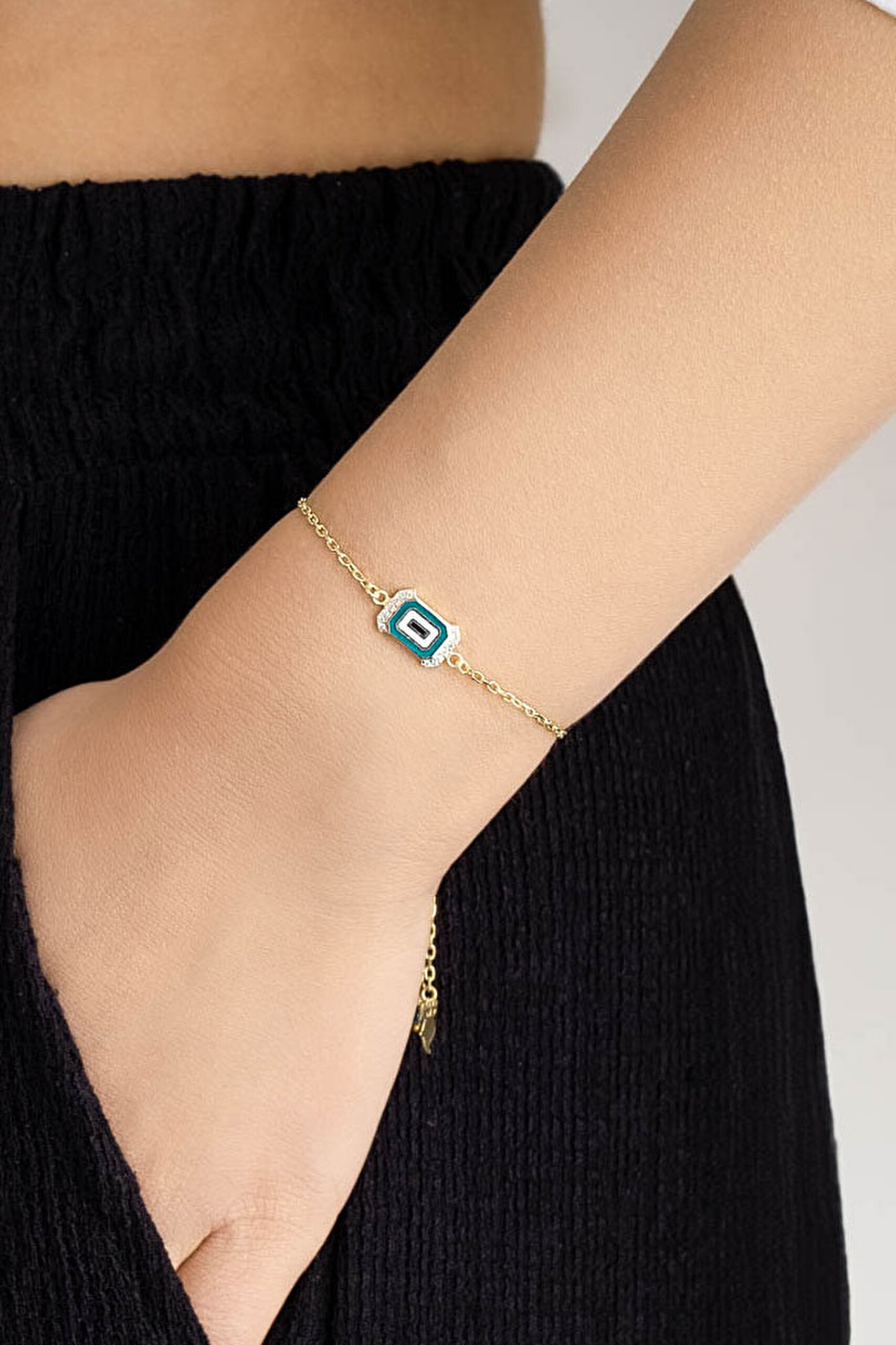 ⁠ Evil Eye 18 Ayar Sarı Altın Kaplama Ayarlanabilir Gümüş Minimal Bileklik_1}