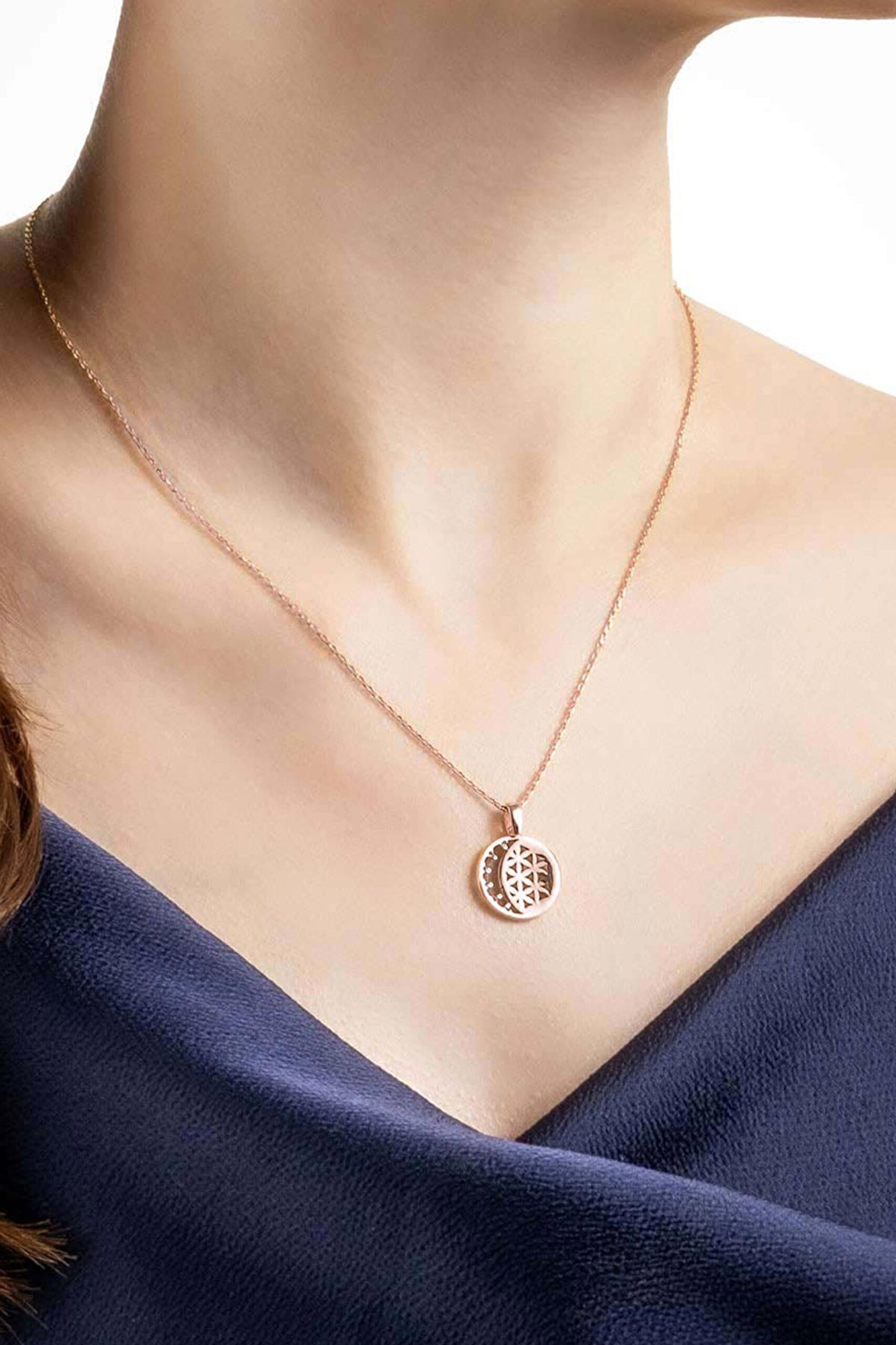 ⁠ Yaşam Çiçeği 18 Ayar Rose Altın Kaplama 45 Cm Gümüş Minimal Kolye_1}