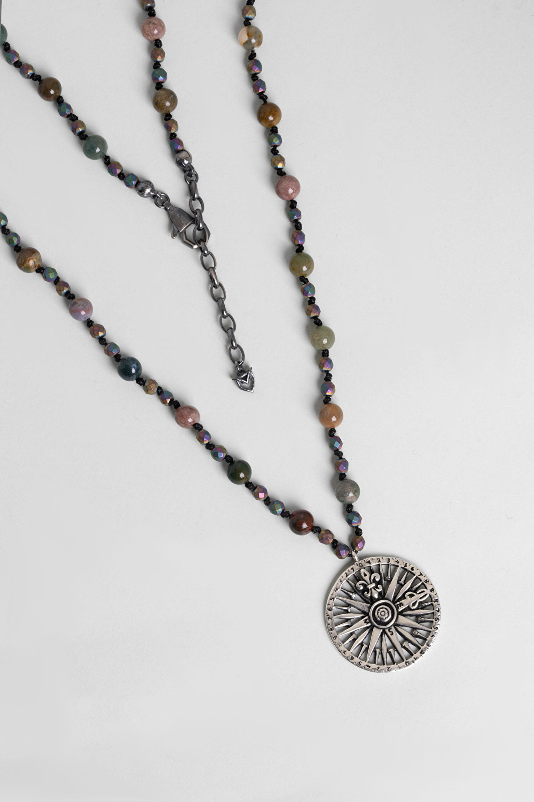 ⁠ Akik Ve Hematit Taşlı 80 Cm Gümüş Pusula Erkek Kolye_0}