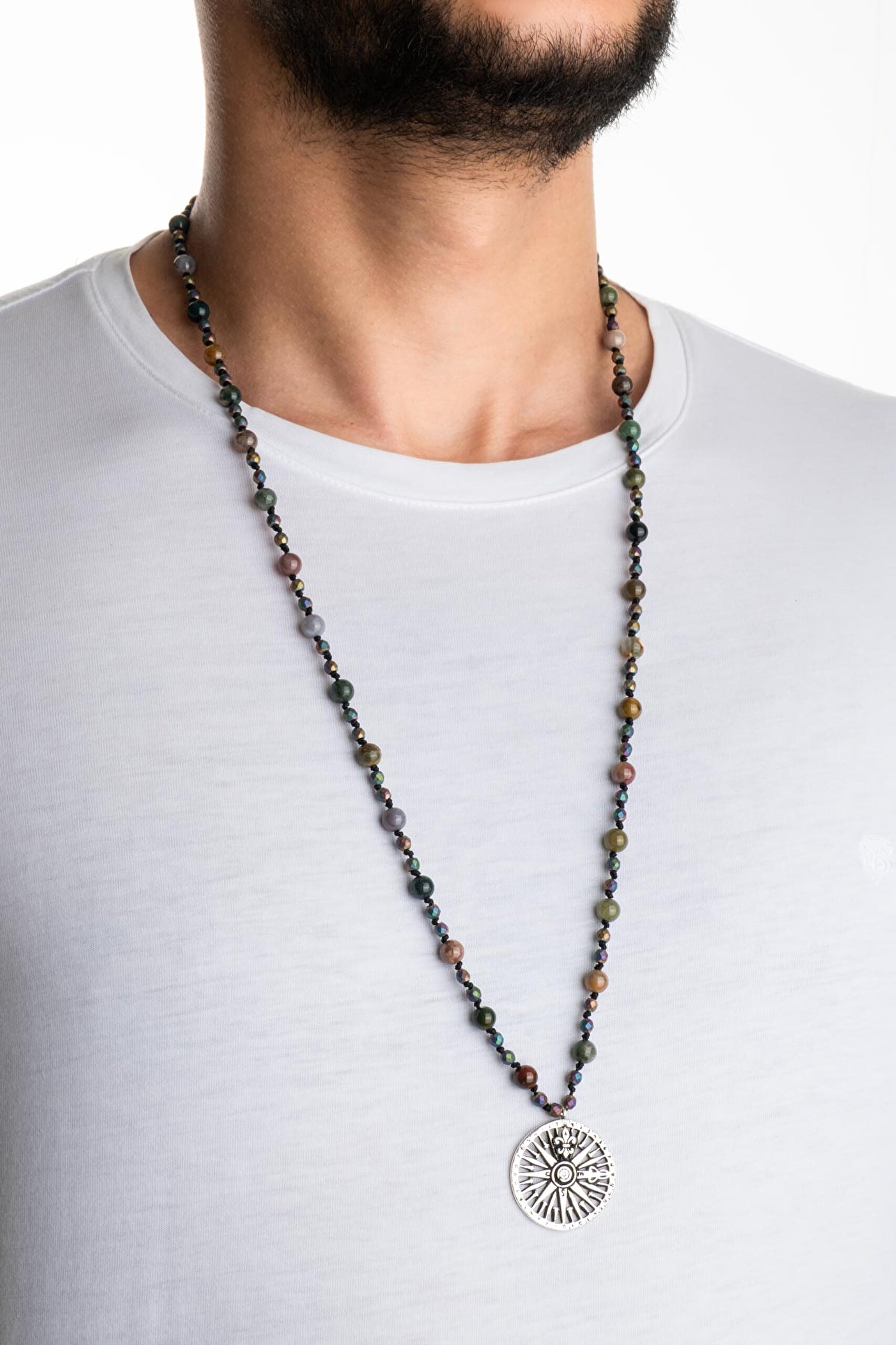 ⁠ Akik Ve Hematit Taşlı 80 Cm Gümüş Pusula Erkek Kolye_3}