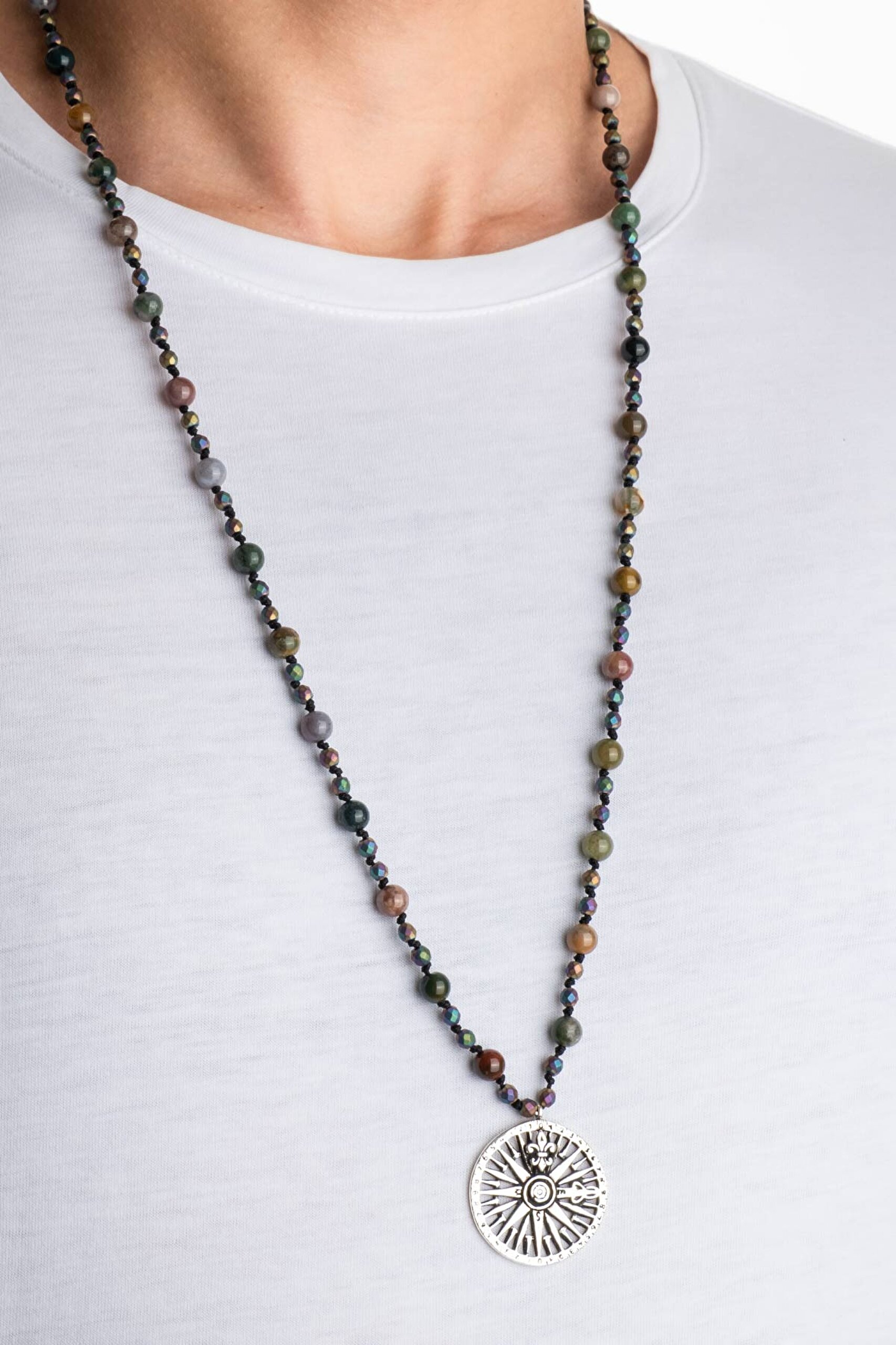 ⁠ Akik Ve Hematit Taşlı 80 Cm Gümüş Pusula Erkek Kolye_1}