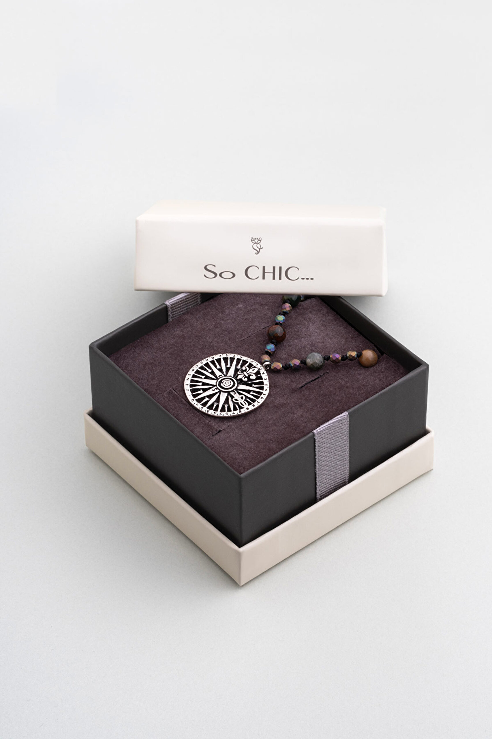 ⁠ Akik Ve Hematit Taşlı 80 Cm Gümüş Pusula Erkek Kolye_5}