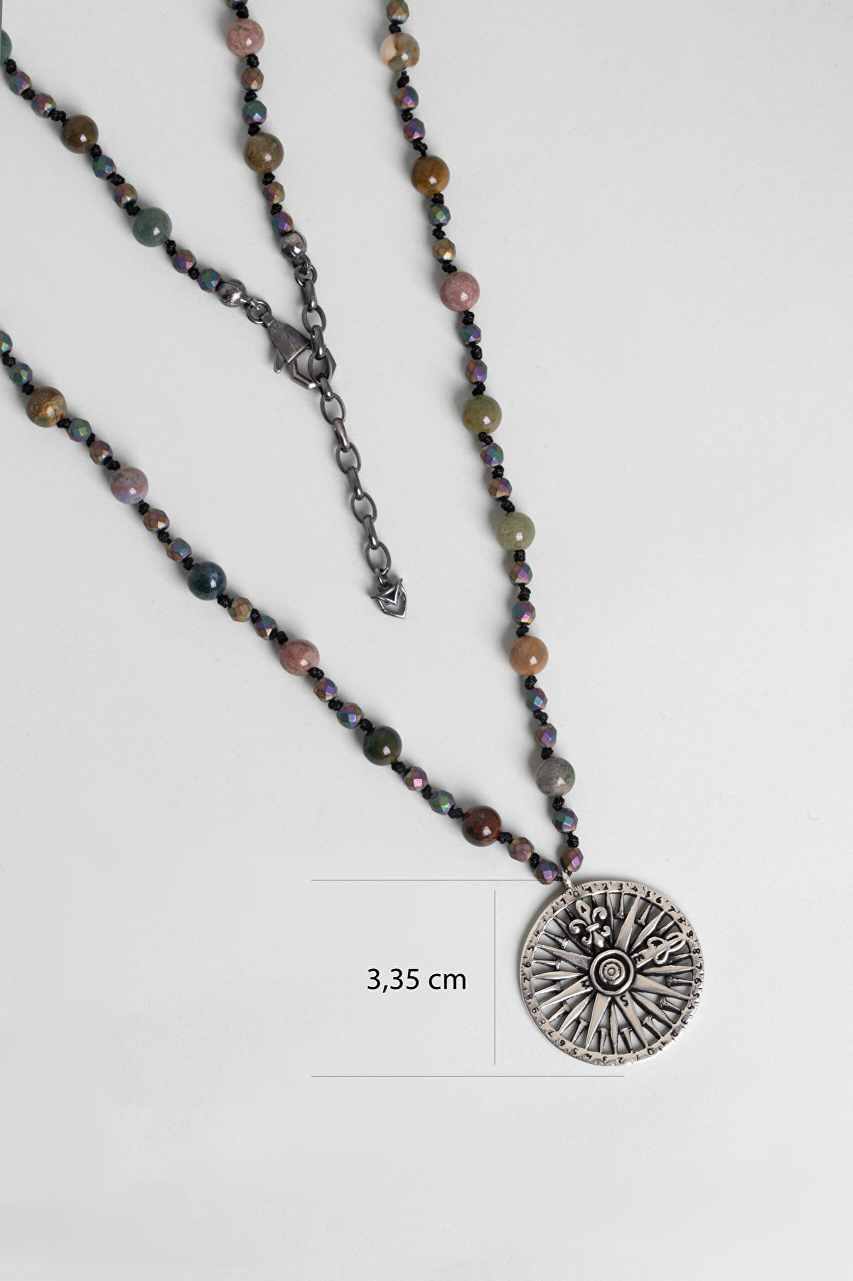 ⁠ Akik Ve Hematit Taşlı 80 Cm Gümüş Pusula Erkek Kolye_2}