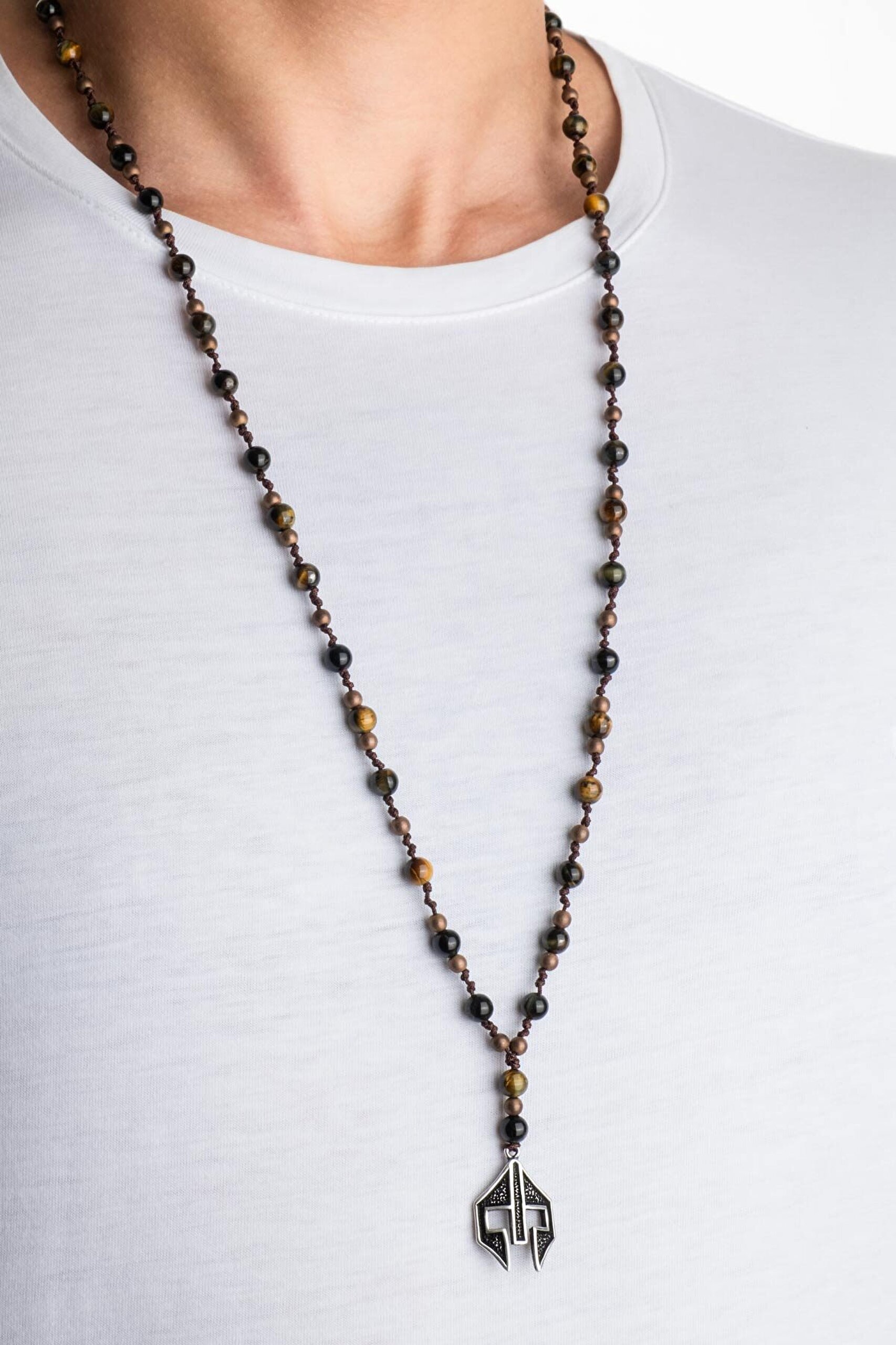 Kaplan Gözü Ve Hematit Taşlı 82 Cm Gümüş Pusula Erkek Kolye - 1