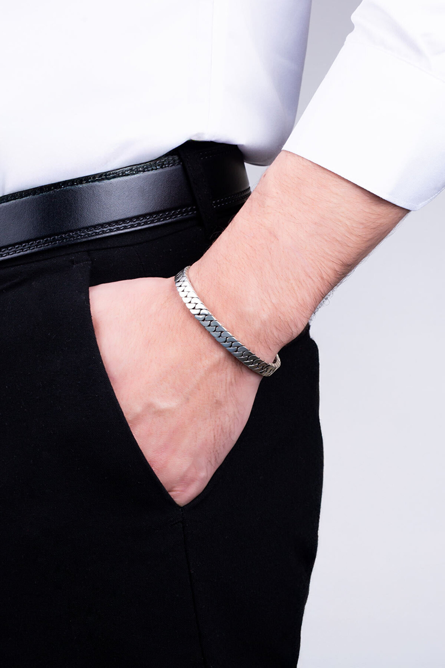 Örgü Detaylı Gümüş Erkek Kelepçe Bileklik - 3