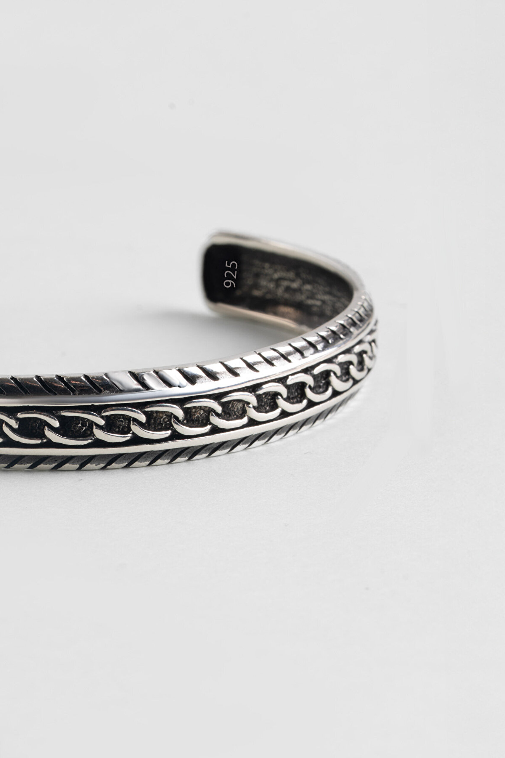 Zincir Detaylı Gümüş Erkek Kelepçe Bileklik - 4