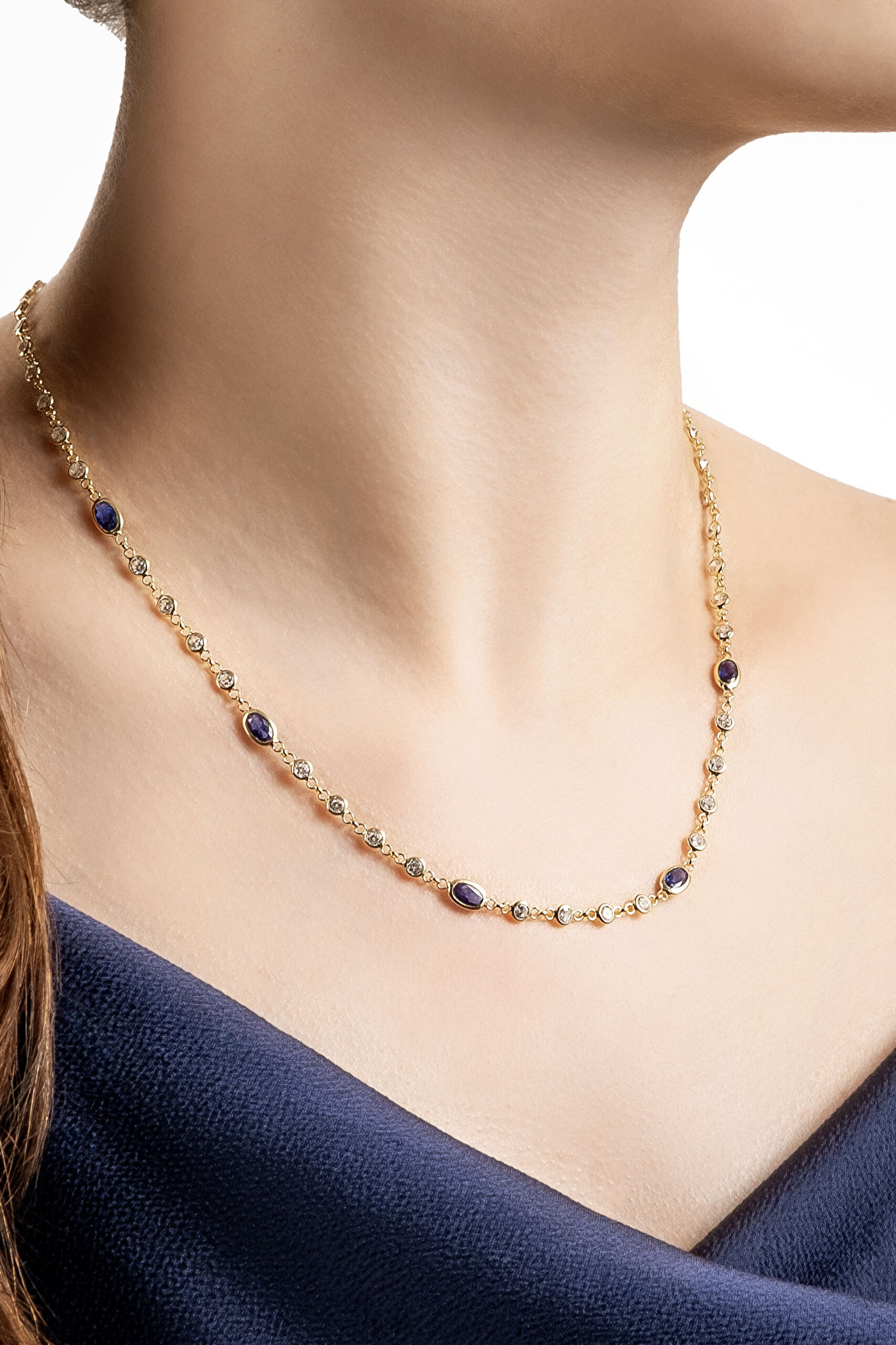 ⁠ Minimal Mavi 18 Ayar Sarı Altın Kaplama 45 Cm Gümüş Kolye_1}