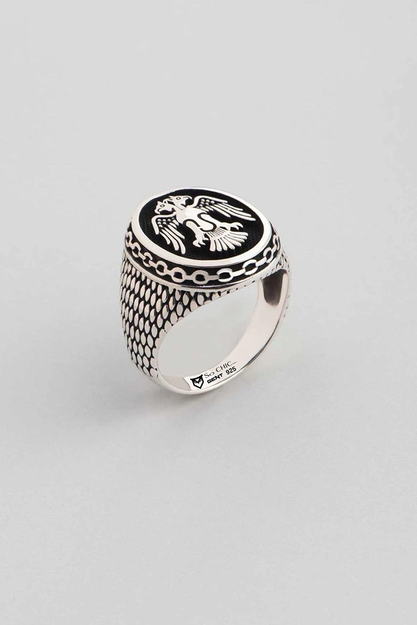 ⁠ Çift Başlı Kartal Motifli Gümüş Erkek Yüzük_0}
