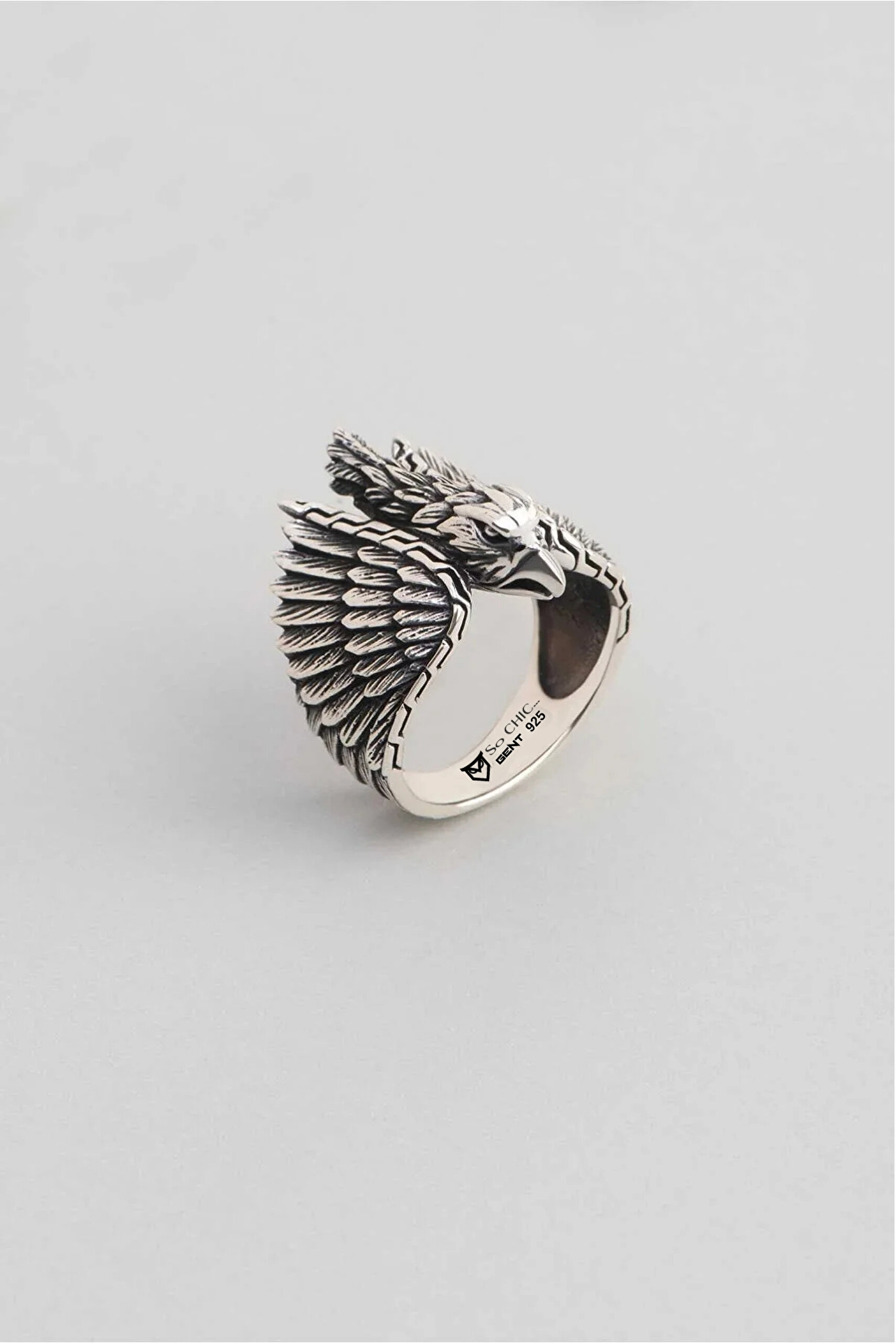 ⁠ Kartal Figürlü Gümüş Erkek Tasarım Yüzük_0}