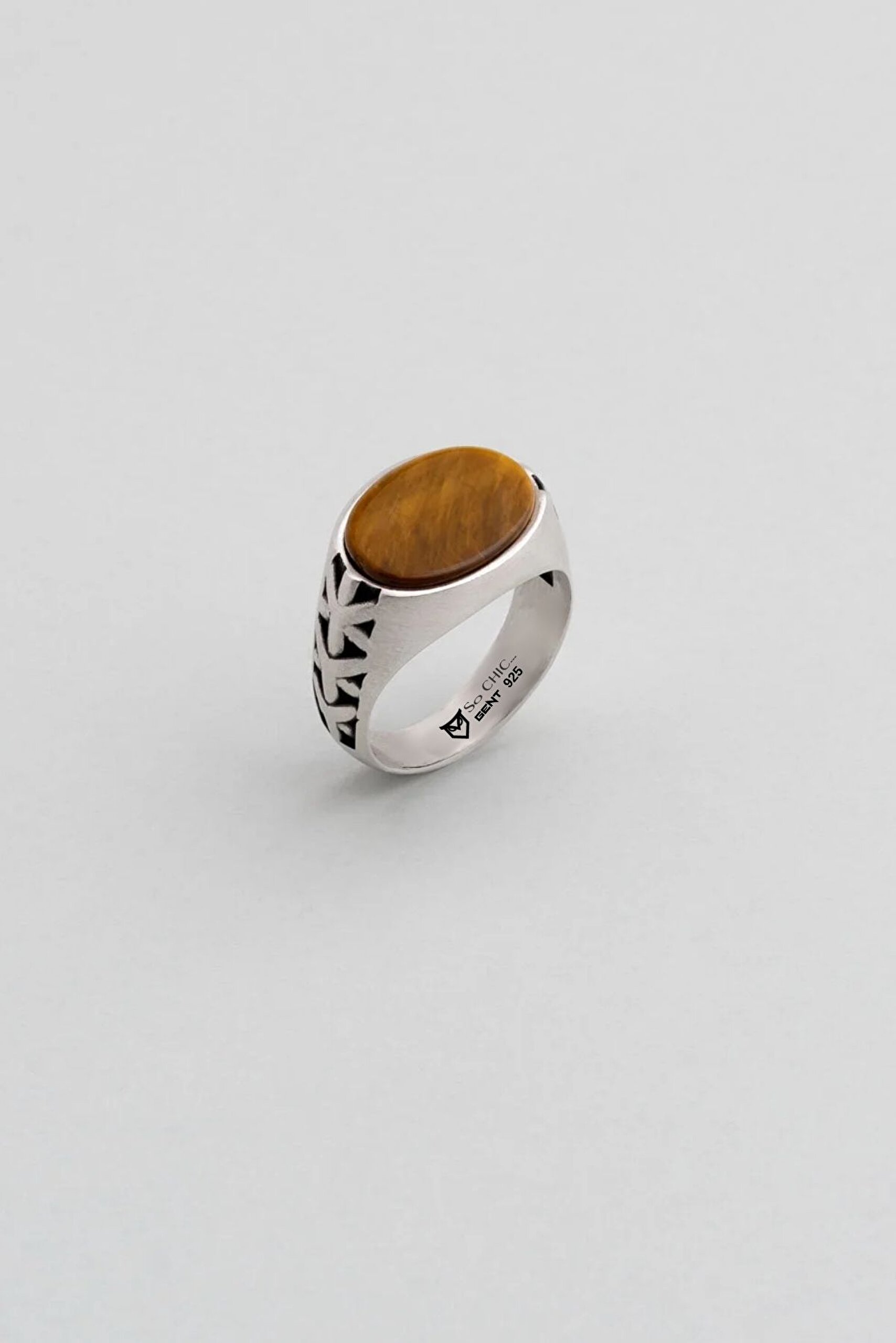 ⁠ Kaplan Gözü Taşlı Gümüş Erkek Yüzük_0}