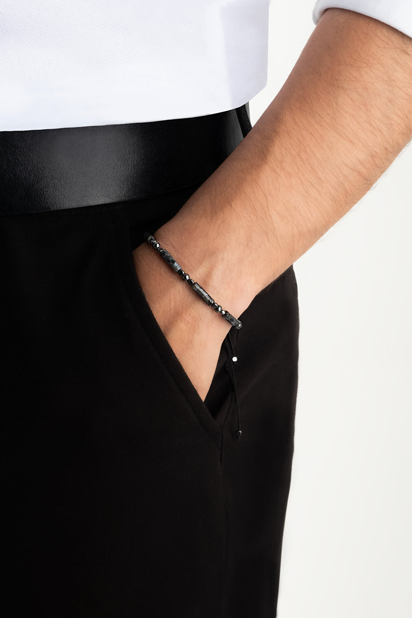 ⁠ Obsidyen Taşlı Ayarlanabilir Gümüş Erkek Bileklik_3}