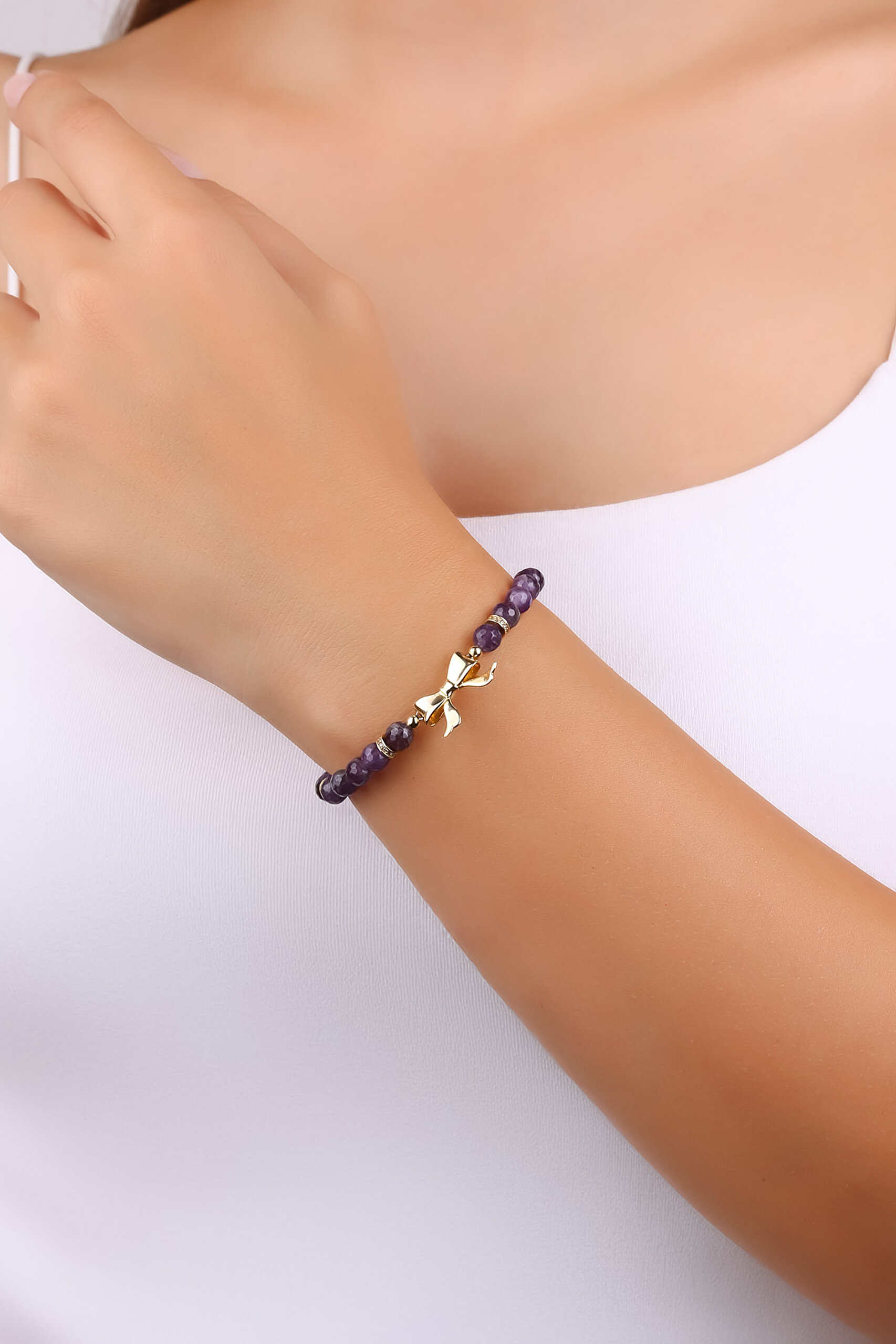 ⁠ Lavanta 18 Ayar Sarı Altın Kaplama 19 Cm Gümüş Ametist Bileklik_3}