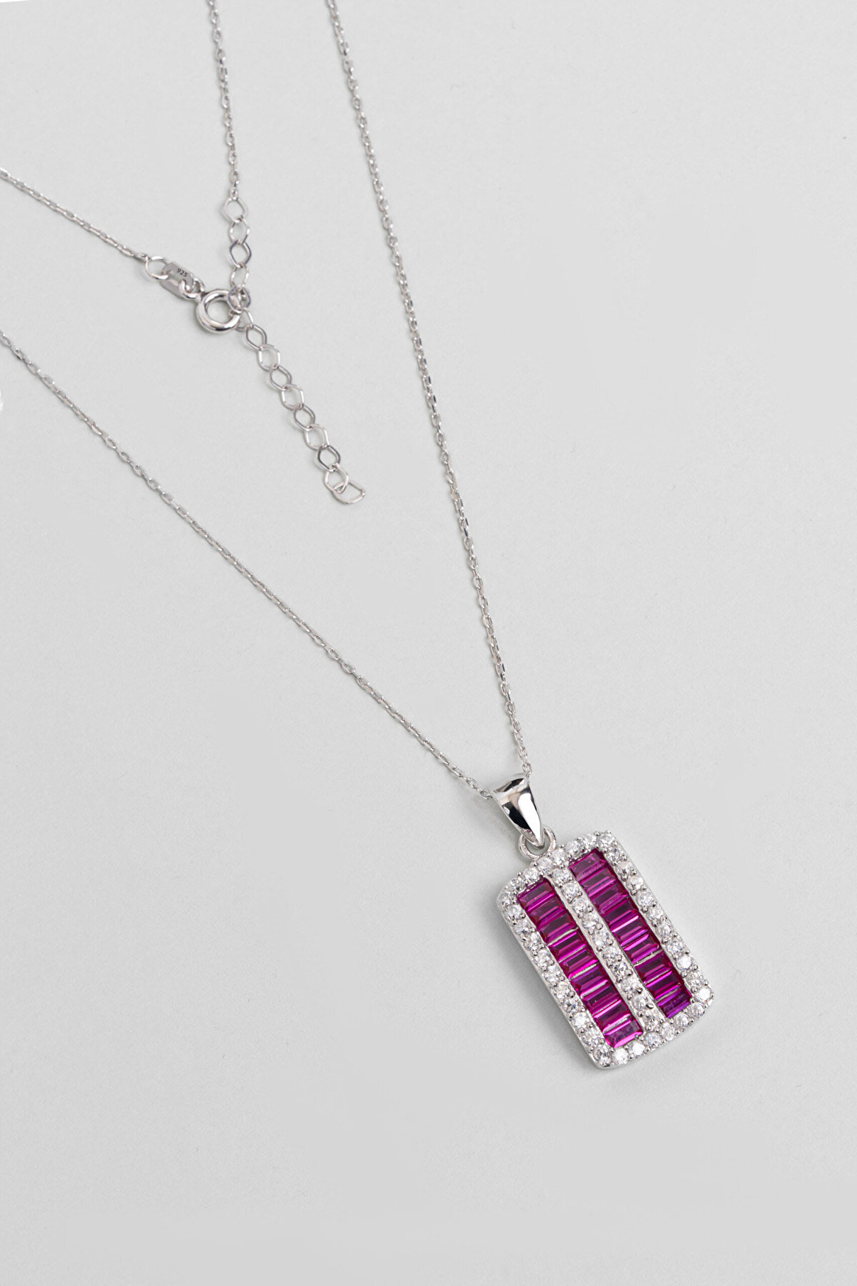 Fuşya Işıltısı 18 Ayar Beyaz Altın Kaplama 43 Cm Gümüş Kolye - 0