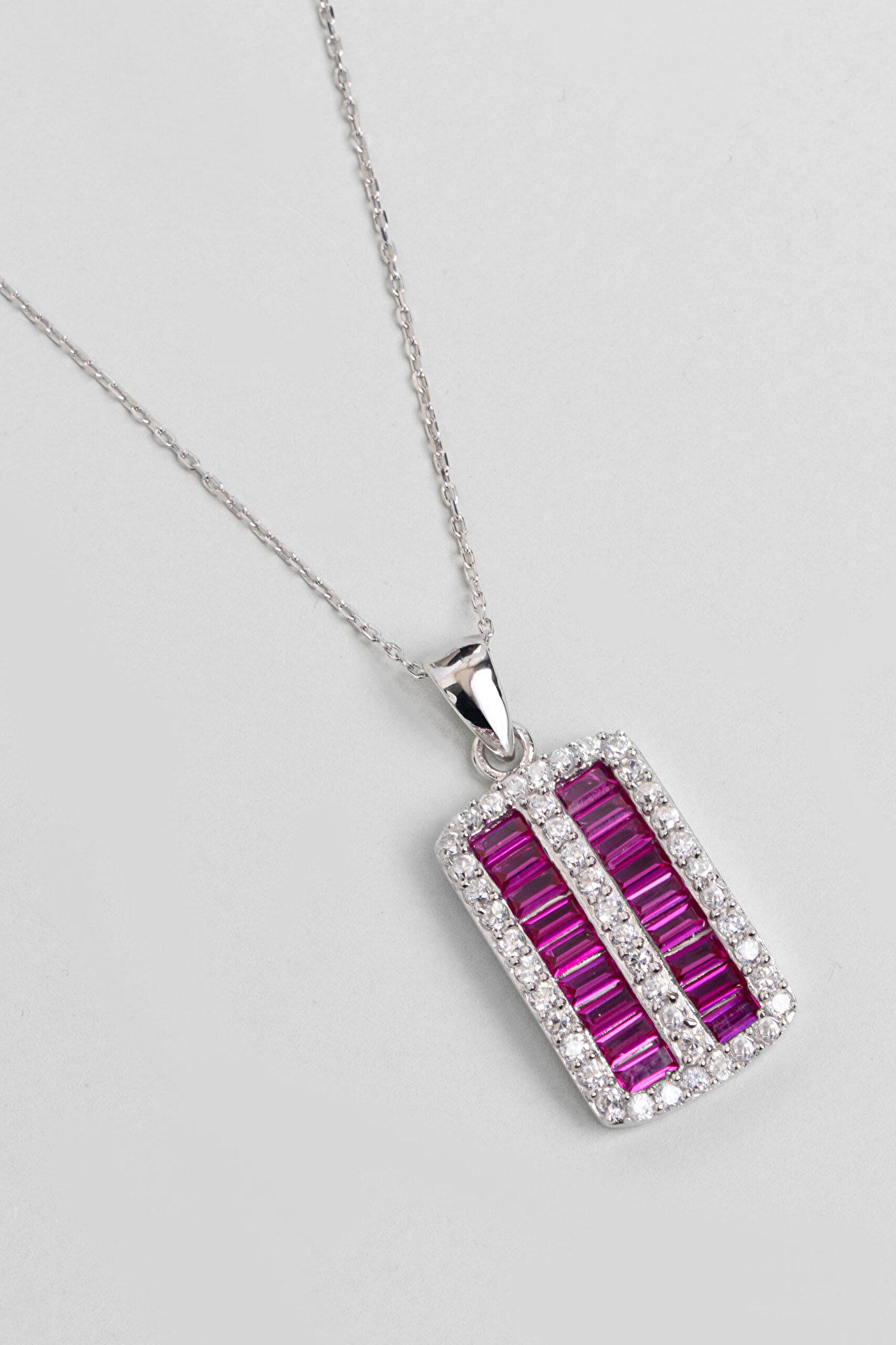 Fuşya Işıltısı 18 Ayar Beyaz Altın Kaplama 43 Cm Gümüş Kolye - 2