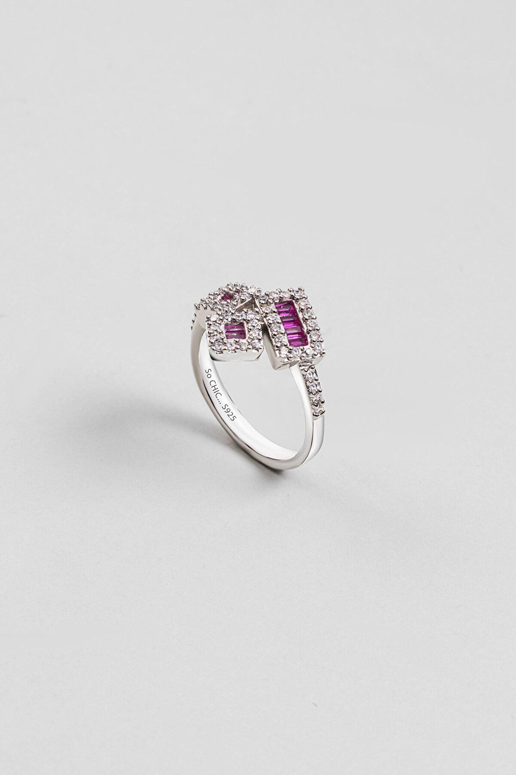 Geometrik Fuşya 18 Ayar Beyaz Altın Kaplama Gümüş Yüzük - 0