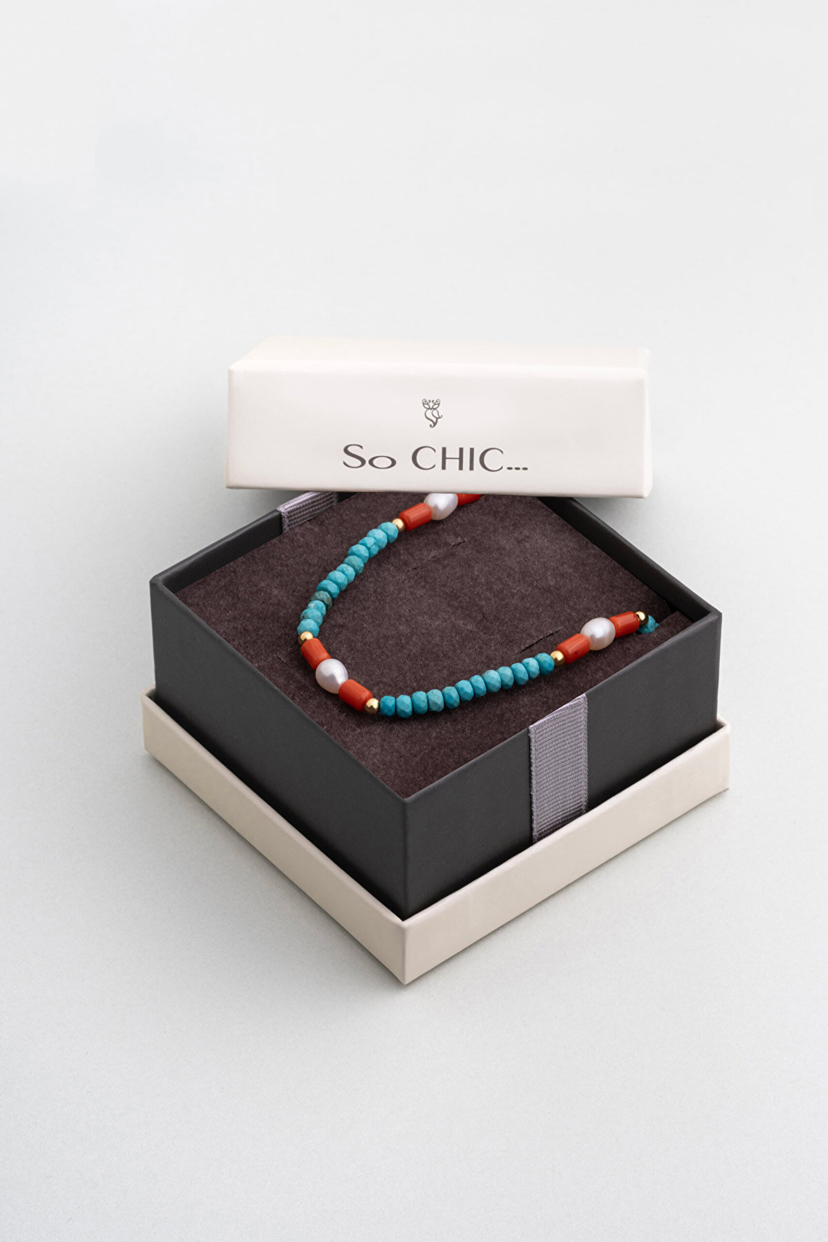 Turkuaz Ve Mercan Taşlı 18 Ayar Sarı Altın Kaplama 45 Cm Gümüş Kolye - 5