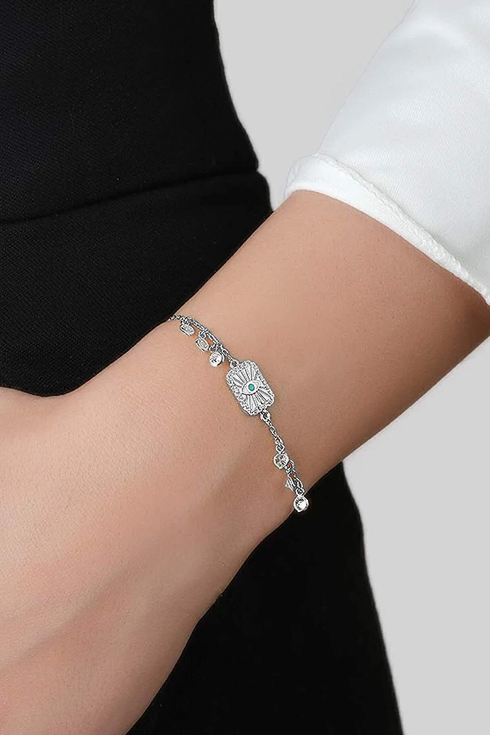 ⁠ Ra'nın Gözü 18 Ayar Beyaz Altın Kaplama 19 Cm Gümüş Bileklik_1}
