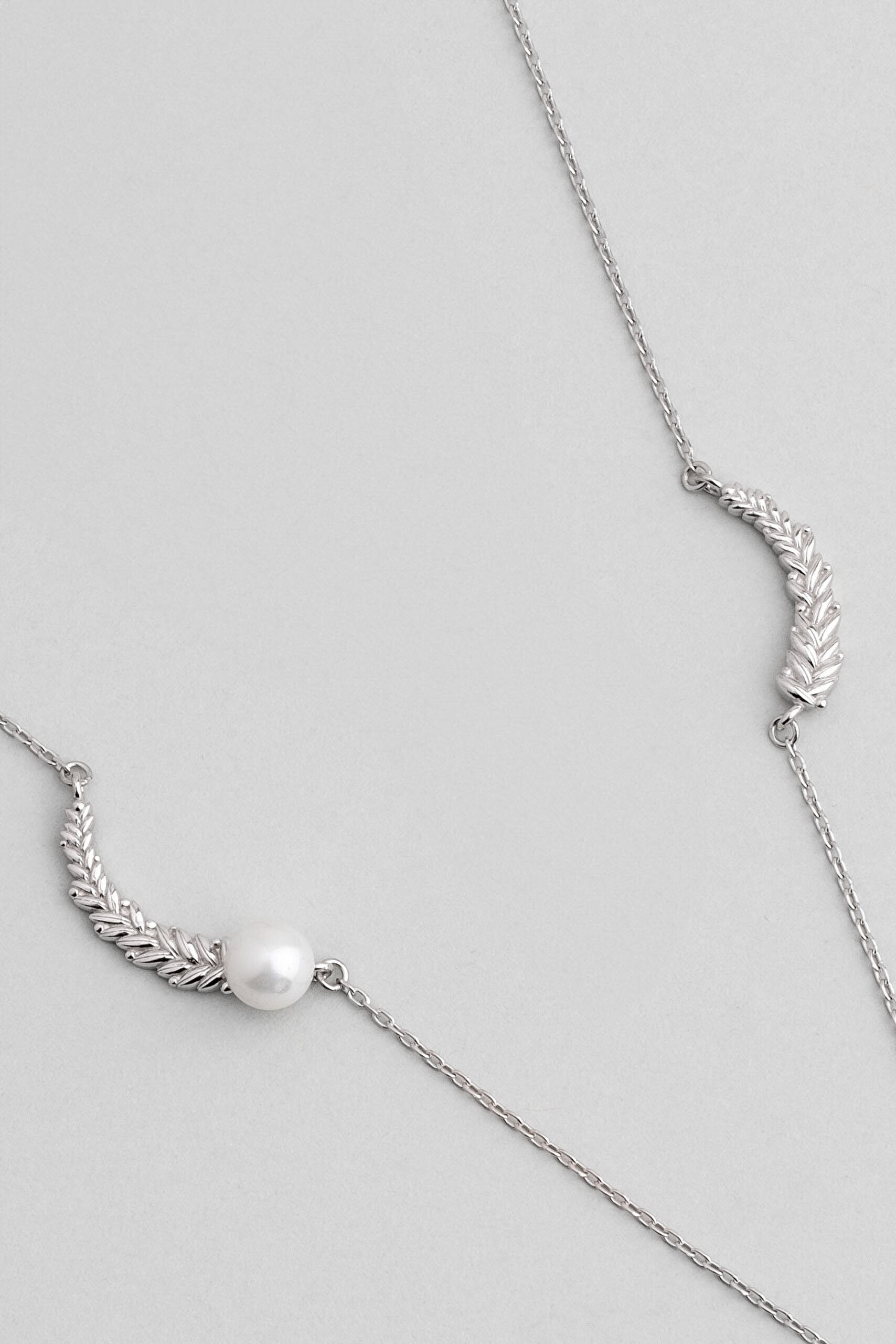 İnci Yaprağı 18 Ayar Beyaz Altın Kaplama 48 Cm Gümüş Minimal Kolye - 1