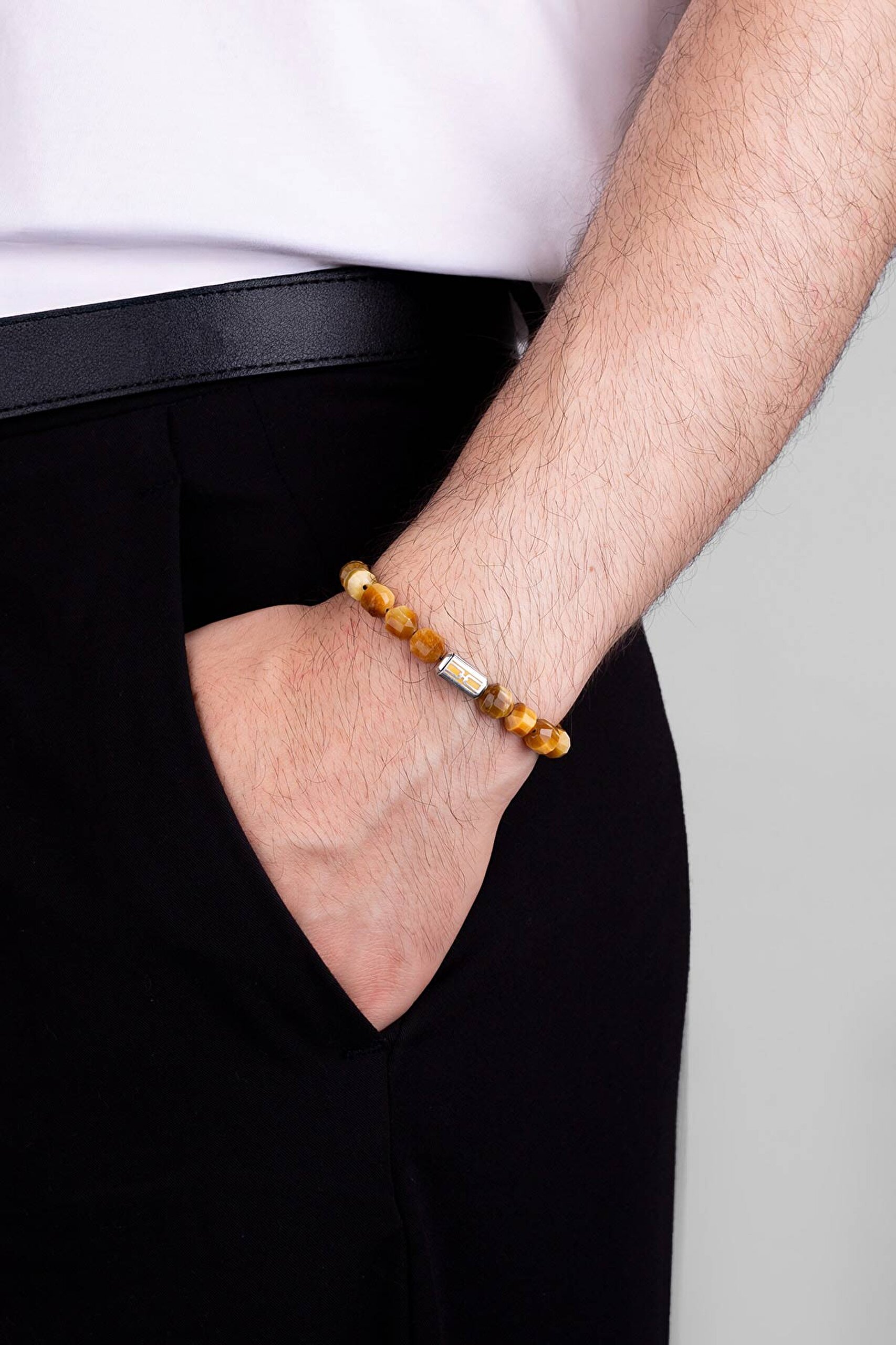 ⁠ Kaplan Gözü Taşlı Gümüş Erkek Bileklik_3}