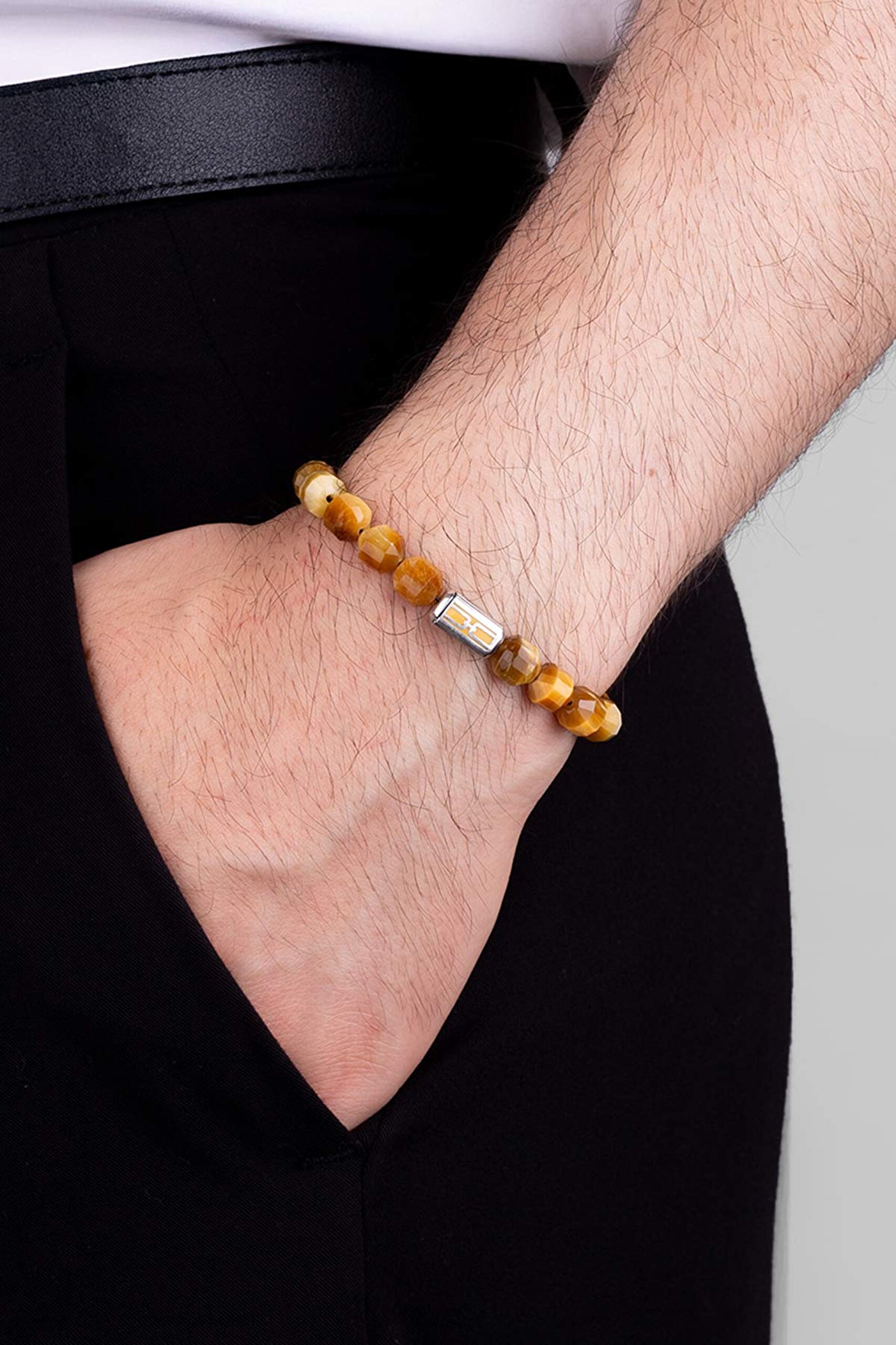 ⁠ Kaplan Gözü Taşlı Gümüş Erkek Bileklik_1}