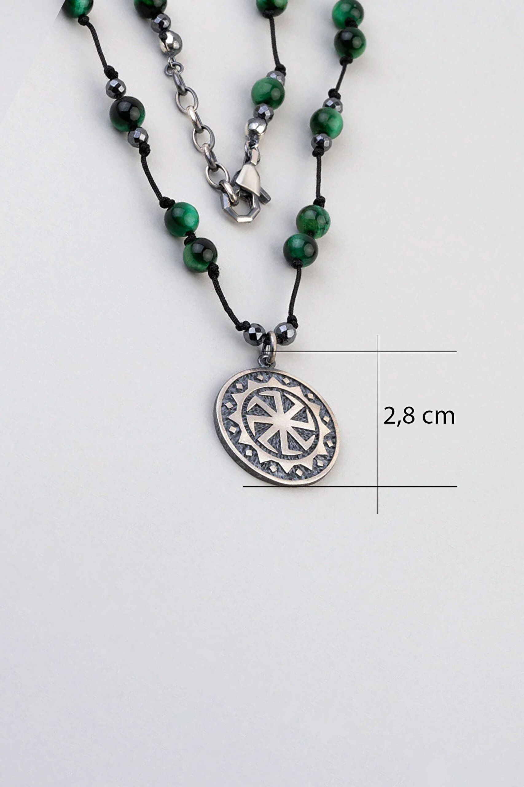 ⁠ Hematit ve Kaplan Gözü Taşlı 80 Cm Gümüş Erkek Kolye_1}
