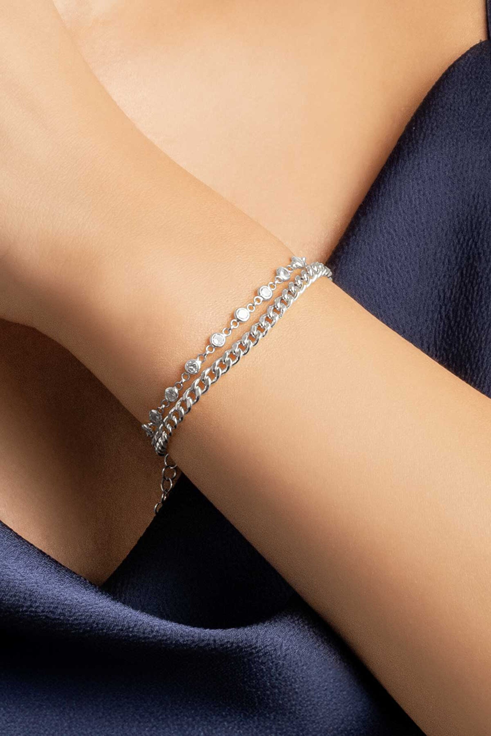 ⁠ Luna 18 Ayar Beyaz Altın Kaplama 19 Cm Gümüş Zincir Bileklik_3}