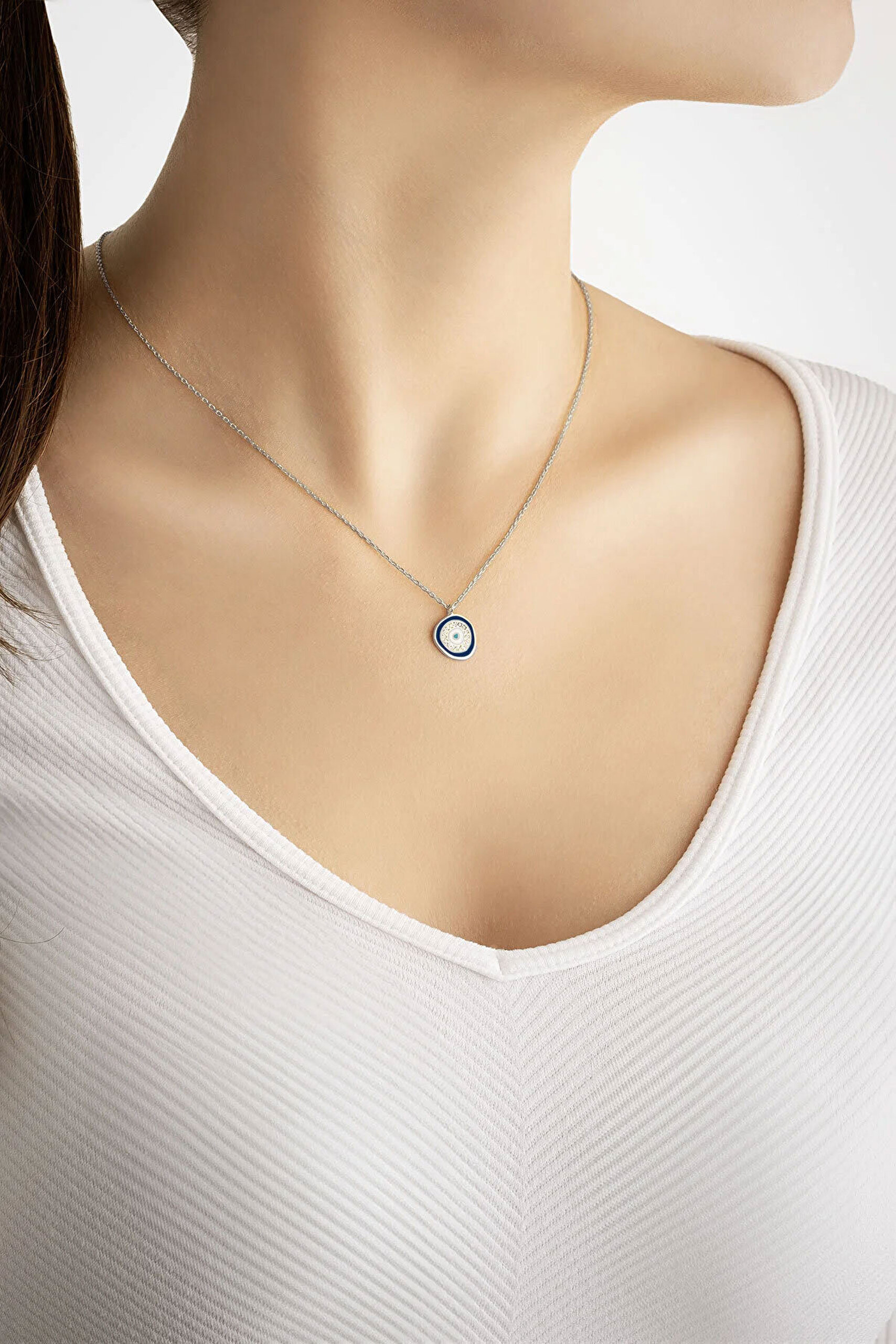 Horus Gözü 18 Ayar Beyaz Altın Kaplama 45 Cm Gümüş Nazar Kolye - 3