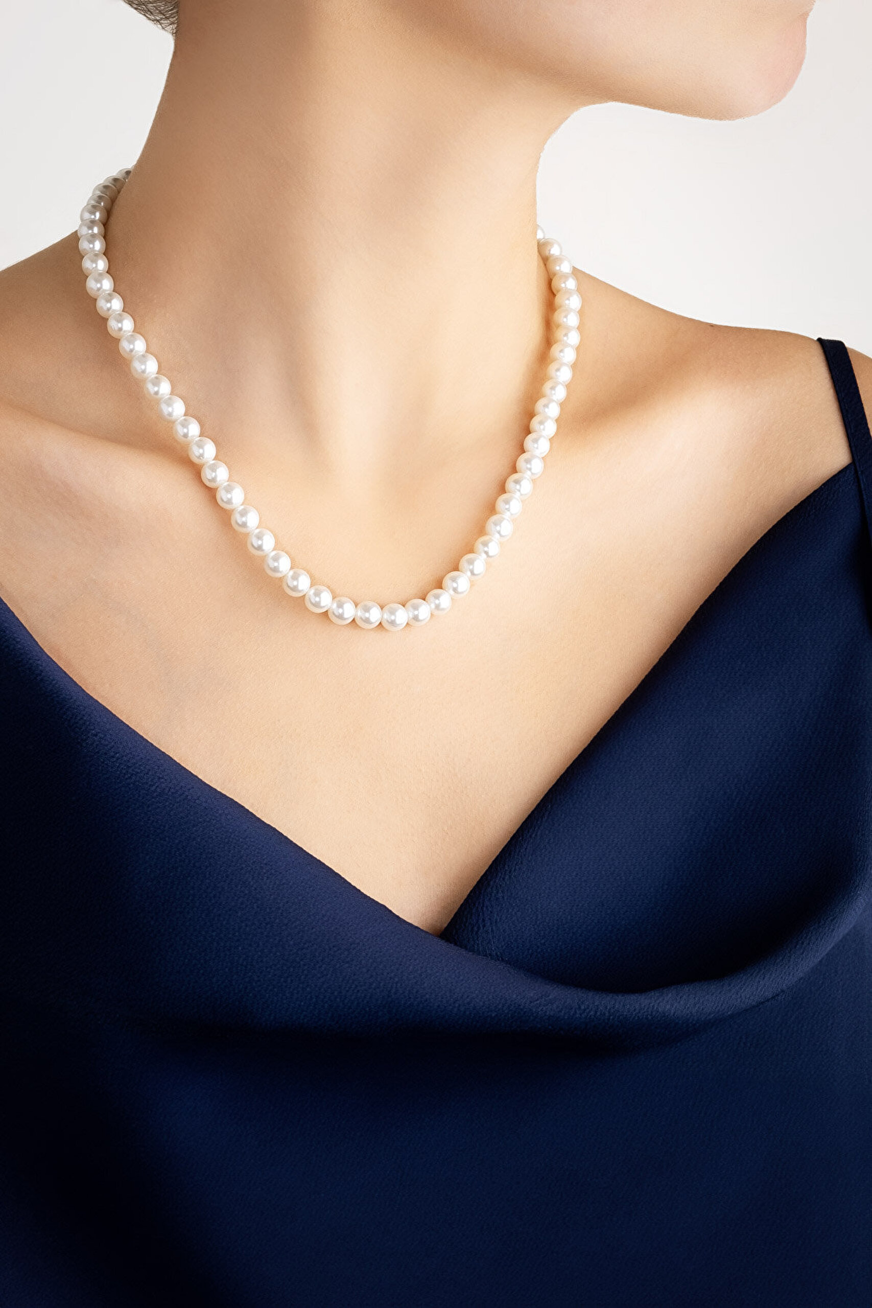 Beyaz İnci 18 Ayar Sarı Altın Kaplama 45 Cm Gümüş Kolye - 2