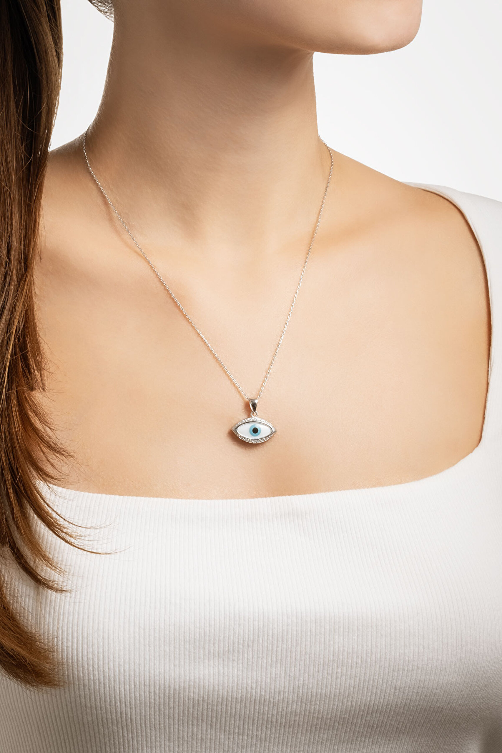 ⁠ Ra'nın Gözü 18 Ayar Beyaz Altın Kaplama 45 Cm Gümüş Kolye_2}