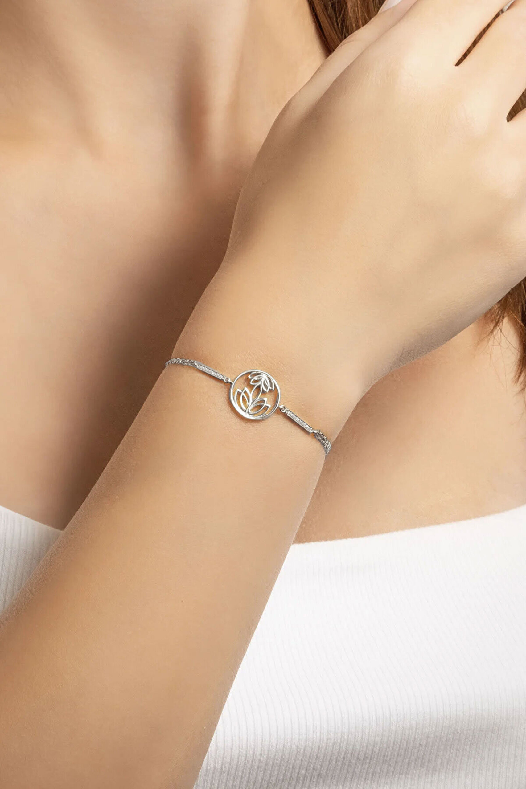 Nilüfer Çiçeği 18 Ayar Beyaz Altın Kaplama 20 Cm  Gümüş Bileklik - 1