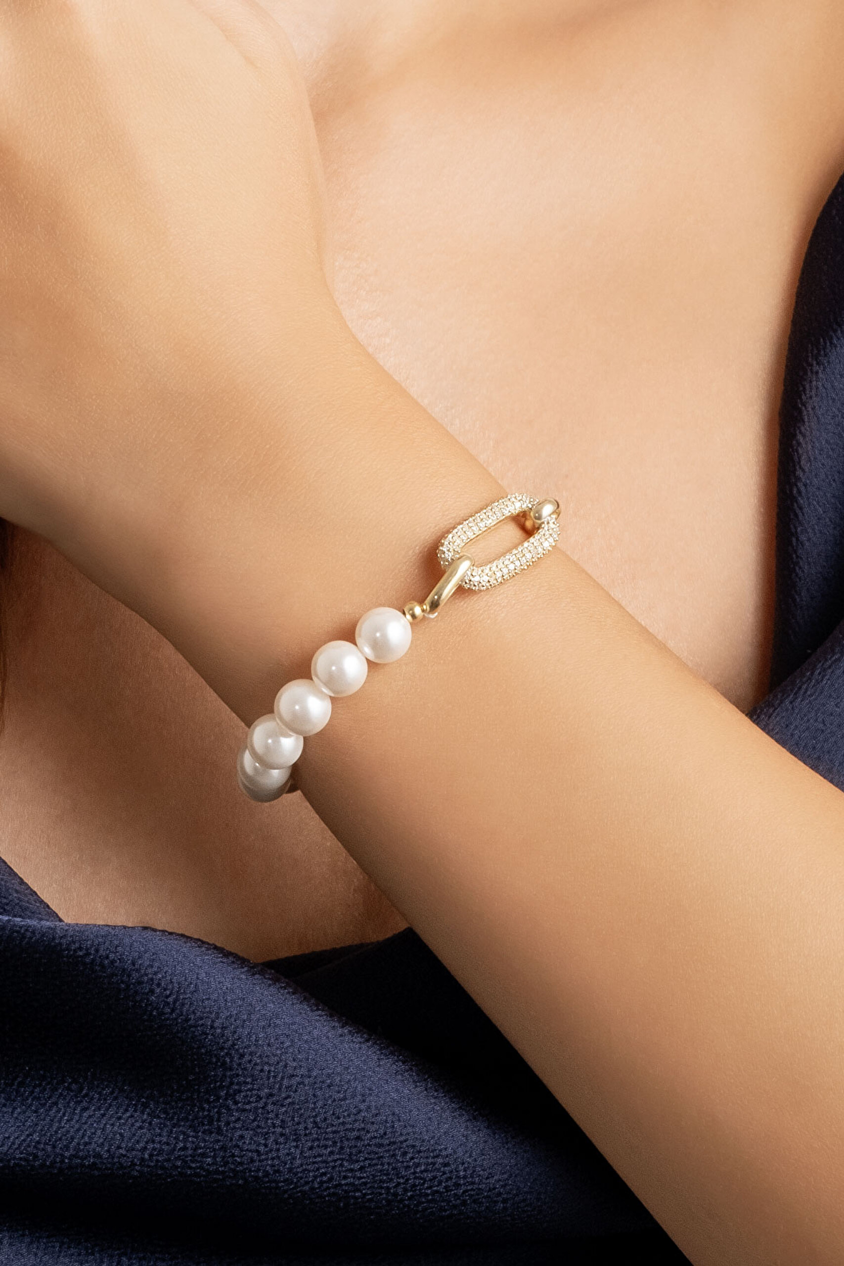 İnci Asaleti 18 Ayar Sarı Altın Kaplama 20 Cm Gümüş İnci Bileklik - 3