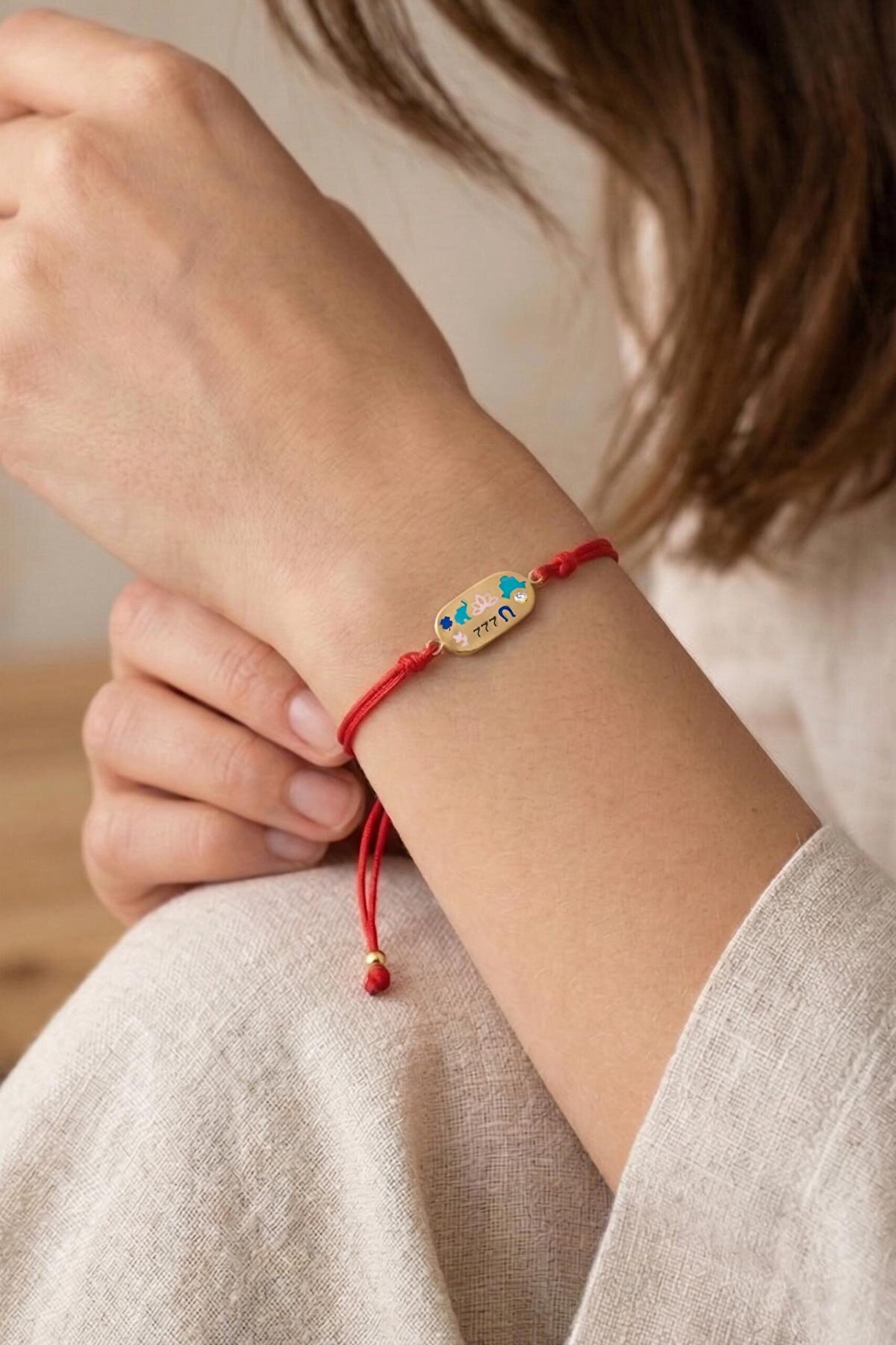 777 Manifest  18 Ayar Sarı Altın Kaplama Ayarlanabilir Gümüş İpli Bileklik - 1