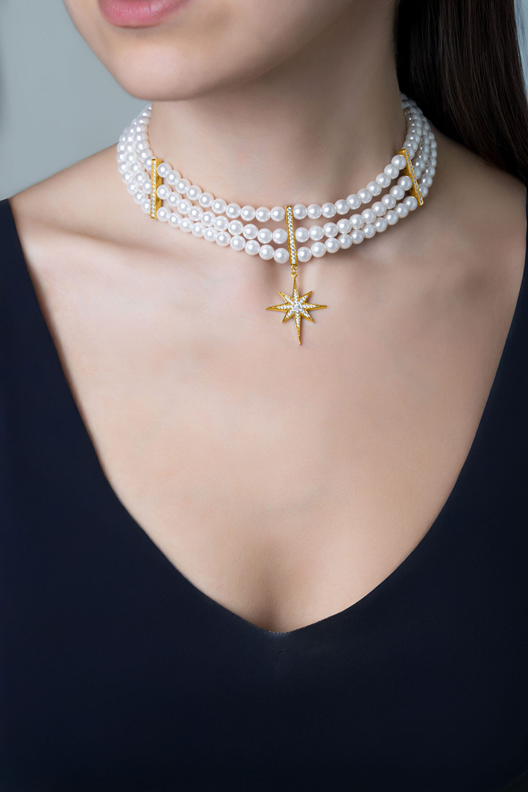 ⁠ Audrey 18 Ayar Sarı Altın Kaplama 40 Cm Gümüş Choker İnci Kolye_0}