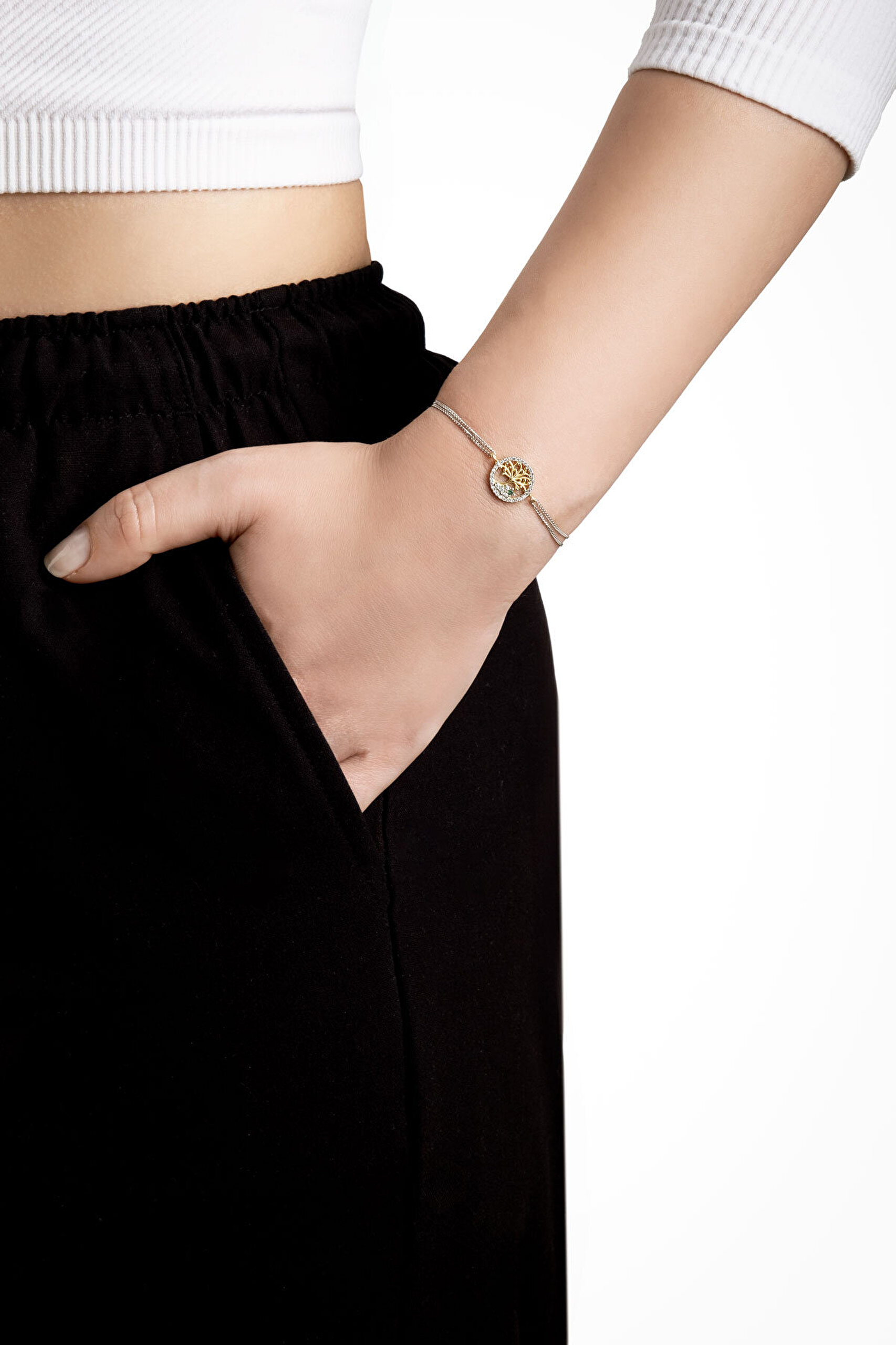 Minimal Hayat Ağacı 18 Ayar Sarı Ve Beyaz Altın Kaplama 19 Cm Gümüş Bileklik - 3