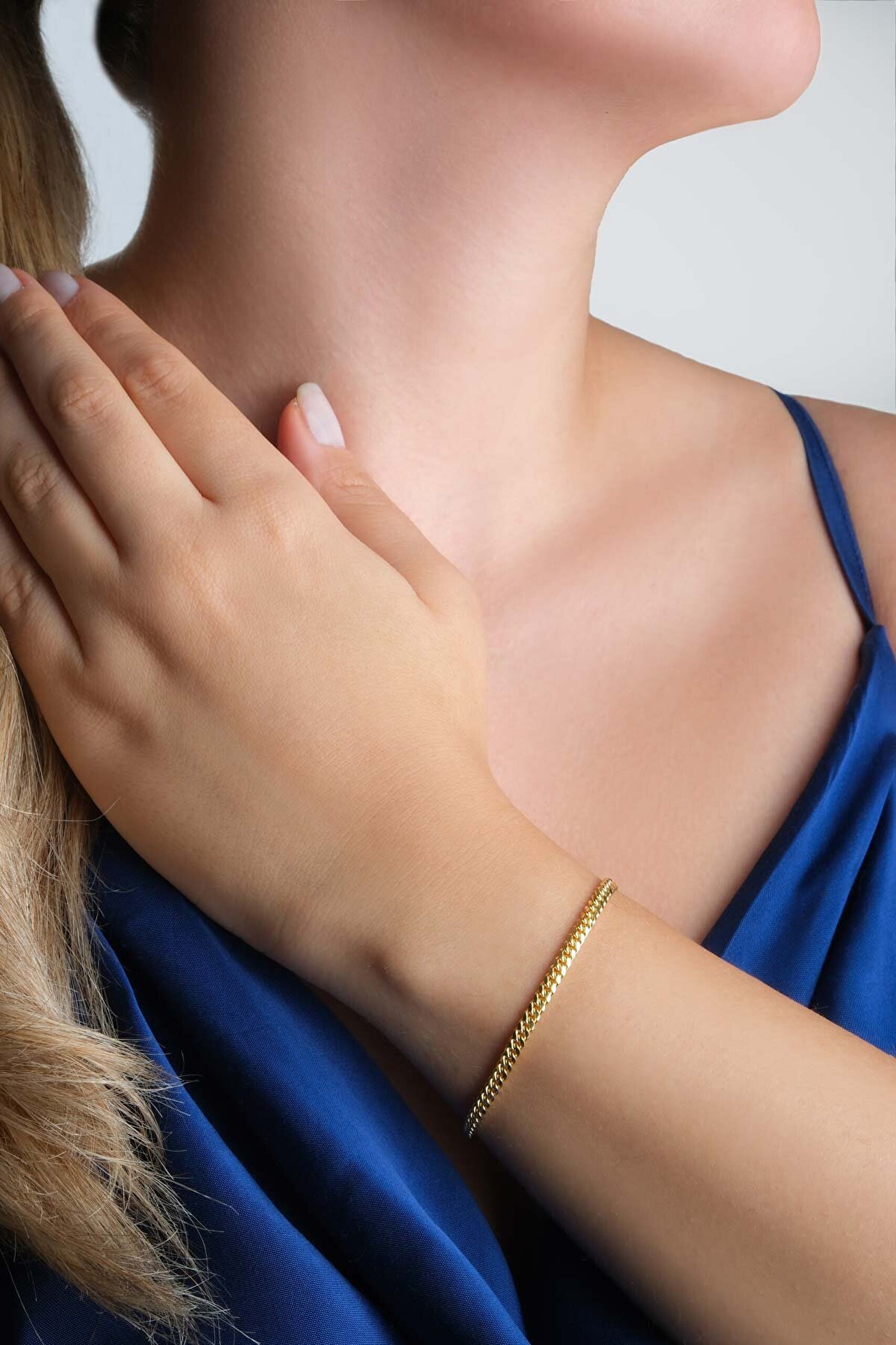 Klasik 18 Ayar Sarı Altın Kaplama 19 Cm Gümüş Gurmet 3 Mm Zincir Bileklik - 2