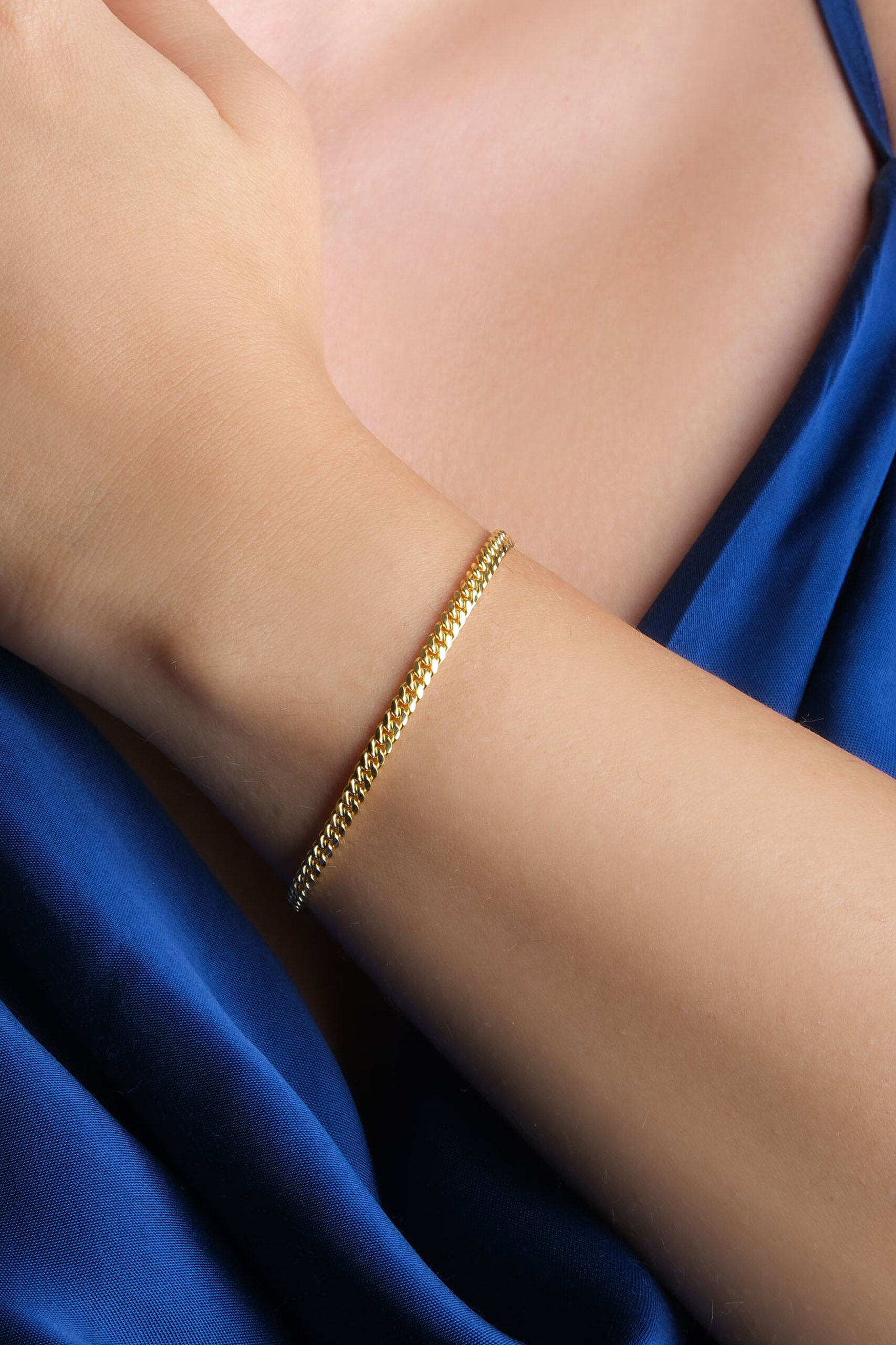 Klasik 18 Ayar Sarı Altın Kaplama 19 Cm Gümüş Gurmet 3 Mm Zincir Bileklik - 3