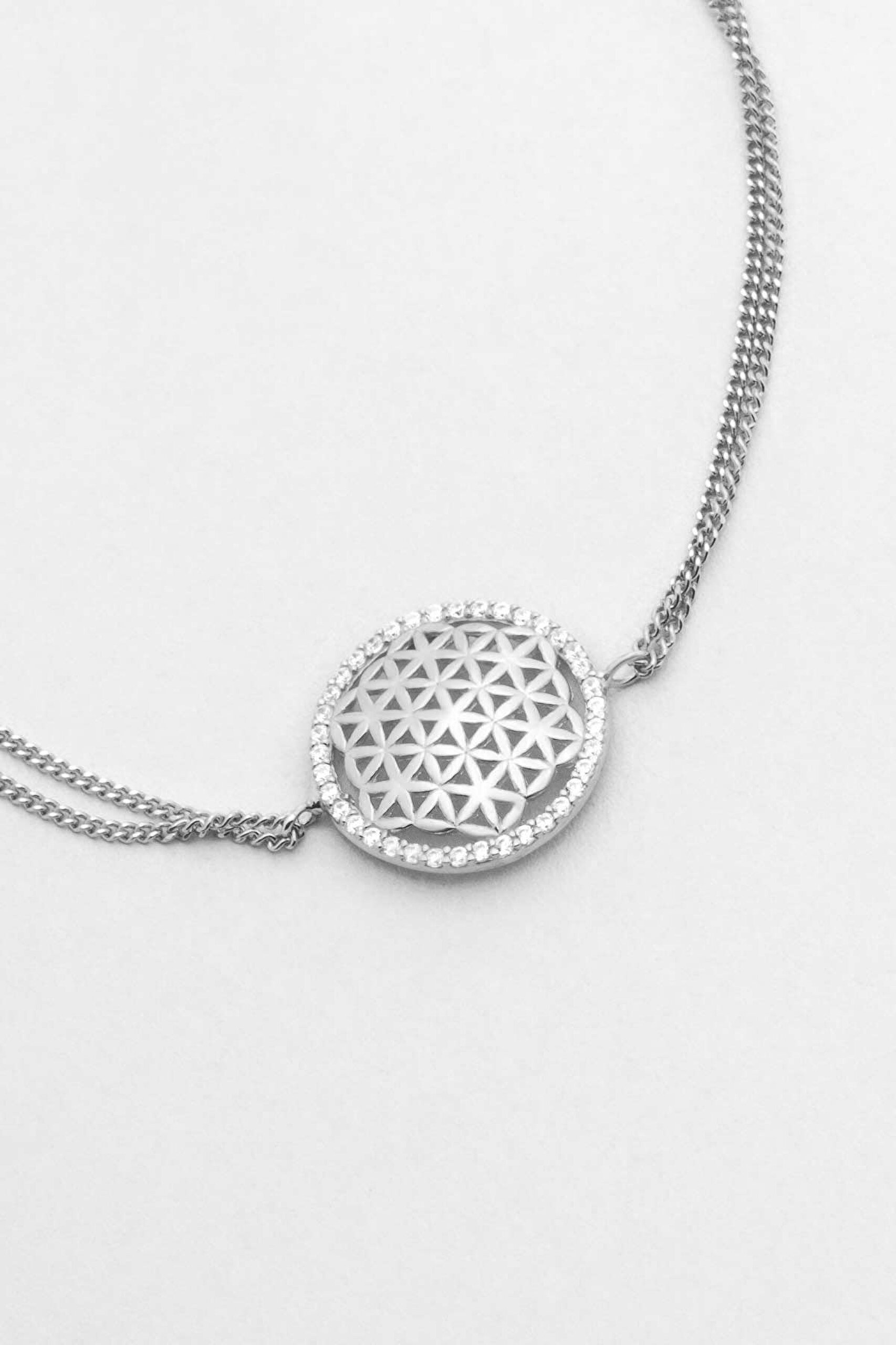 ⁠ Yaşam Çiçeği 18 Ayar Beyaz Altın Kaplama 20 Cm Gümüş Bileklik_2}