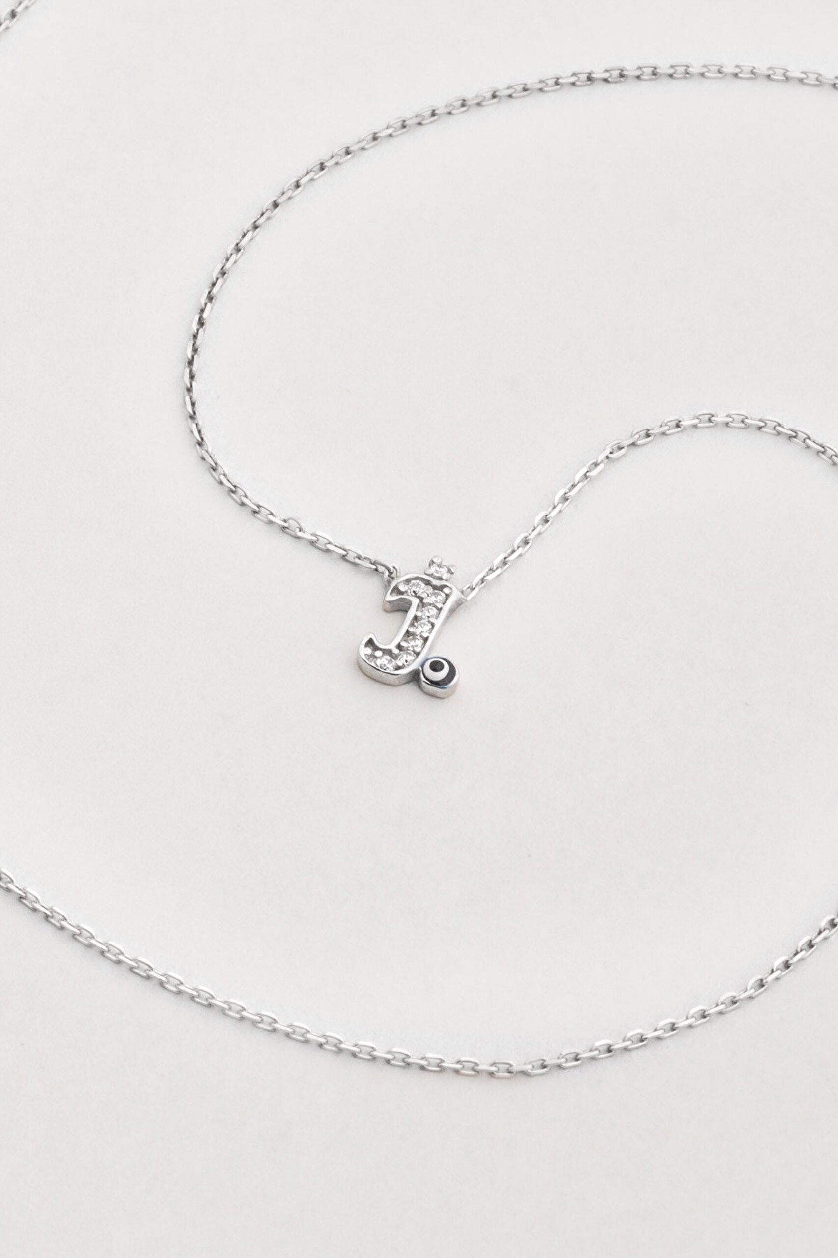 J Harfi 18 Ayar Beyaz Altın Kaplama 45 Cm Gümüş Nazar Kolye - 4