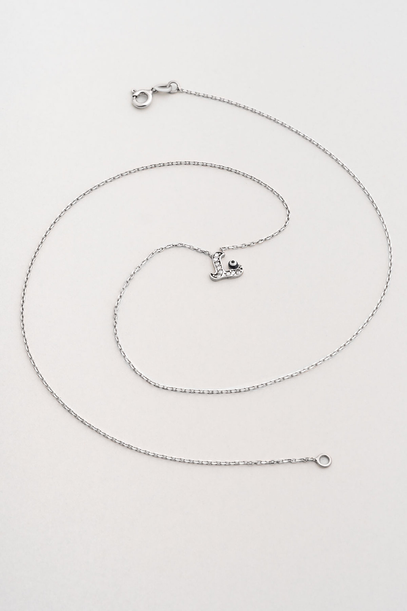 ⁠ L Harfi 18 Ayar Beyaz Altın Kaplama 45 Cm Gümüş Nazar Kolye_0}