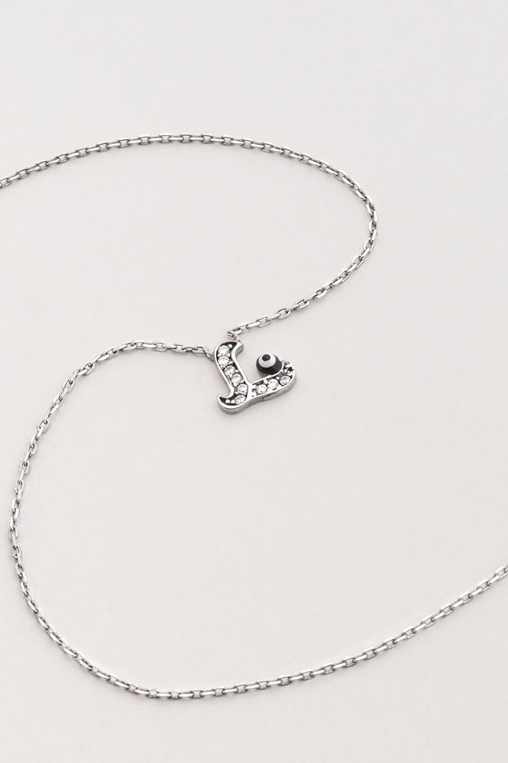 ⁠ L Harfi 18 Ayar Beyaz Altın Kaplama 45 Cm Gümüş Nazar Kolye_2}